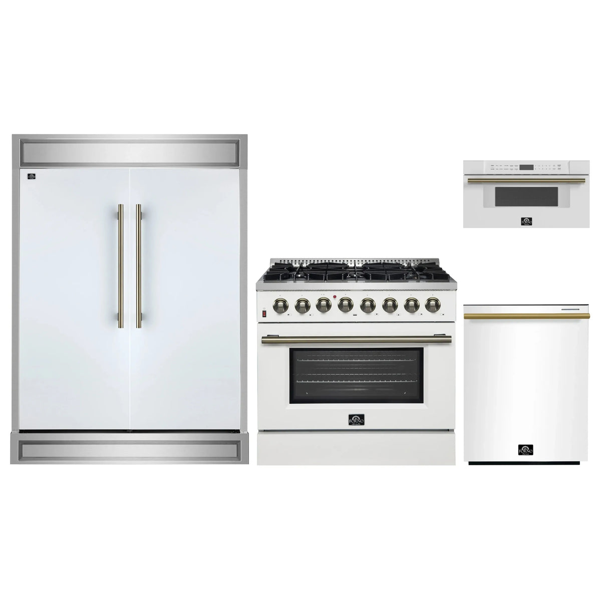 Forno 4-Piece Appliance Package - 36-Inch Dual Fuel Range, 60-Inch Refrigerator, Dishwasher, & 30-Inch Microwave Drawer in White with Antique Brass Trim