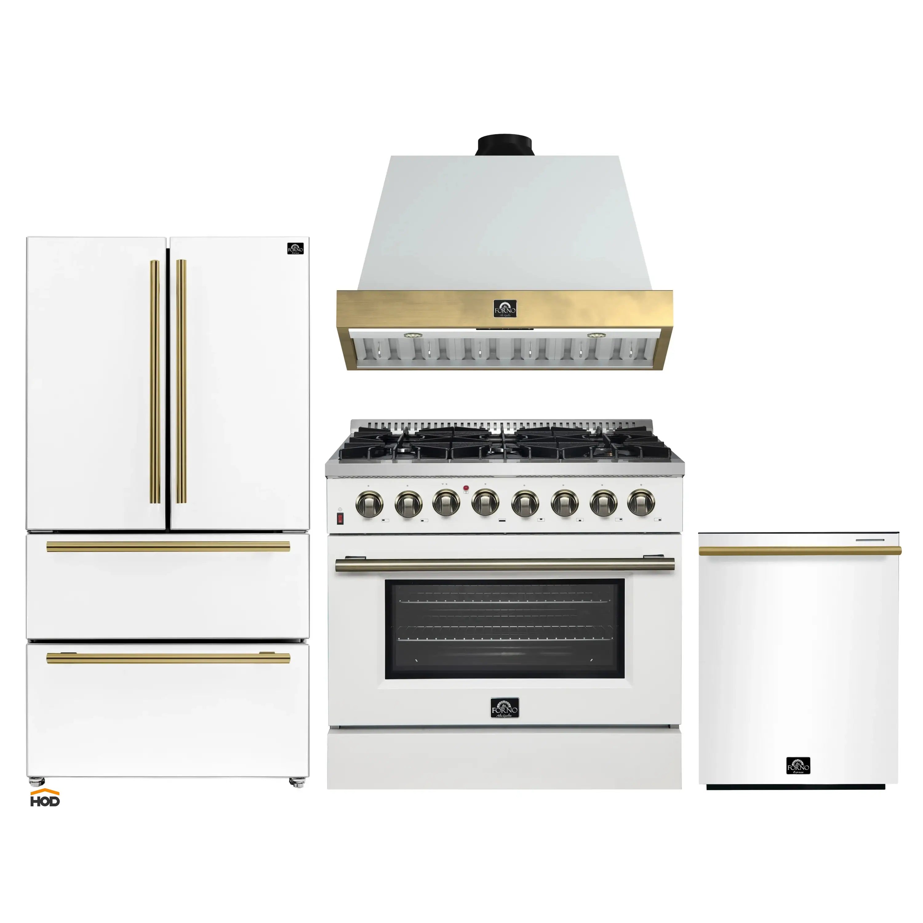 White dual fuel range with burners, oven window, and antique brass hood