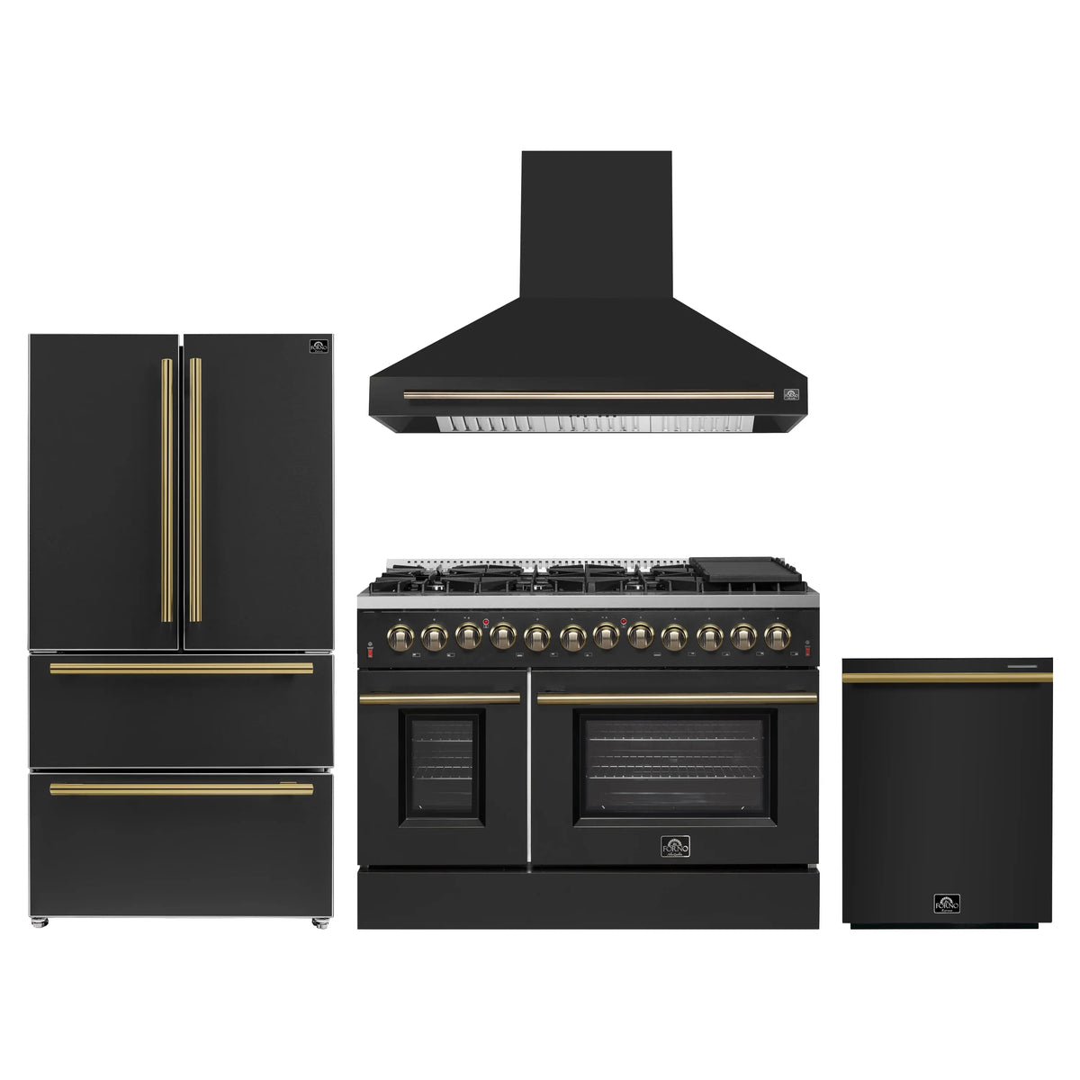 Forno 4-Piece Appliance Package - 48-Inch Dual Fuel Range, Wall Mount Range Hood, 36-Inch French Door Refrigerator, and Dishwasher in Black with Antique Brass Trim