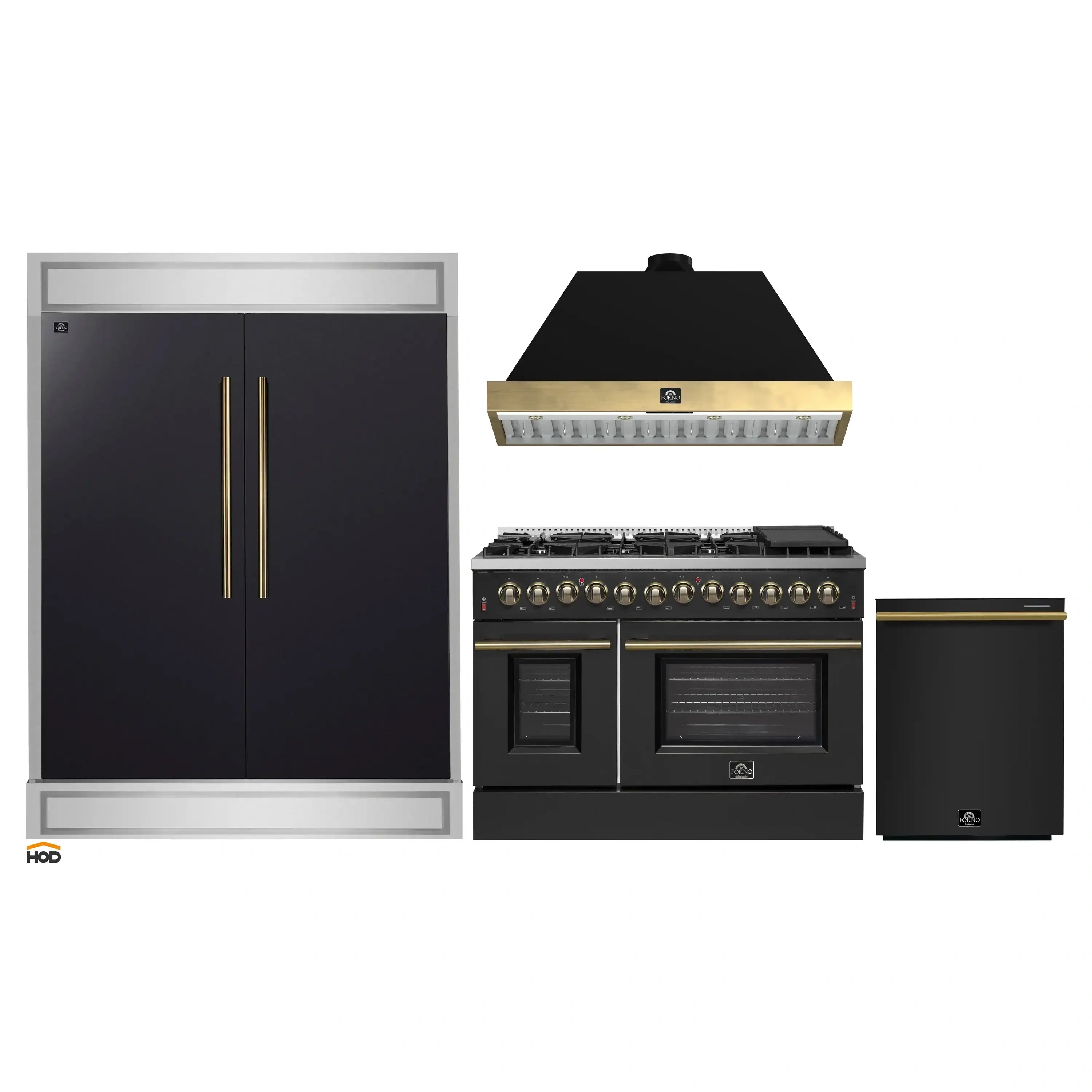Black appliance set showing refrigerator, dual fuel range, hood, and dishwasher