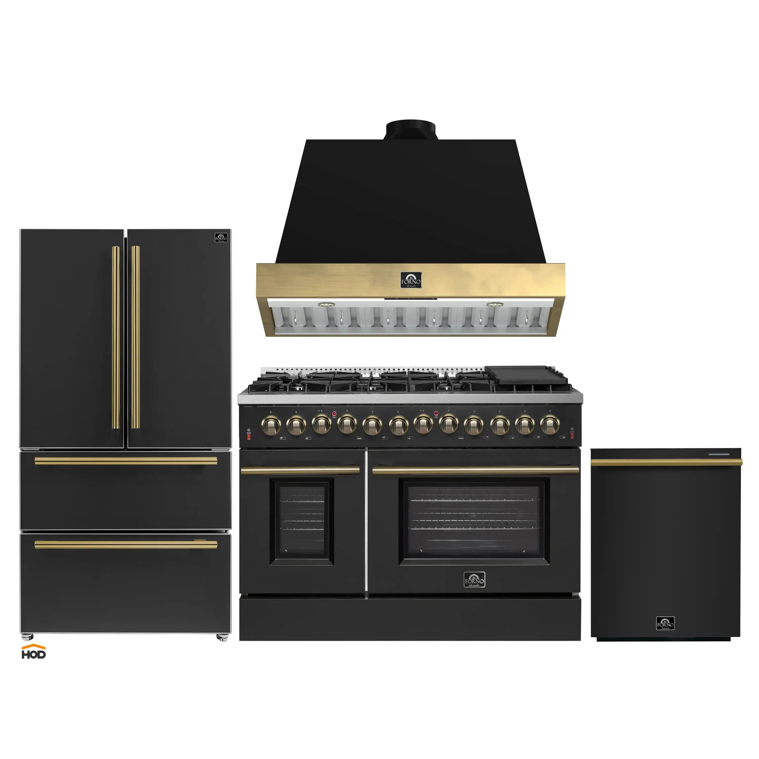 Black appliance package with antique brass trim: range hood, dual fuel range, refrigerator, dishwasher
