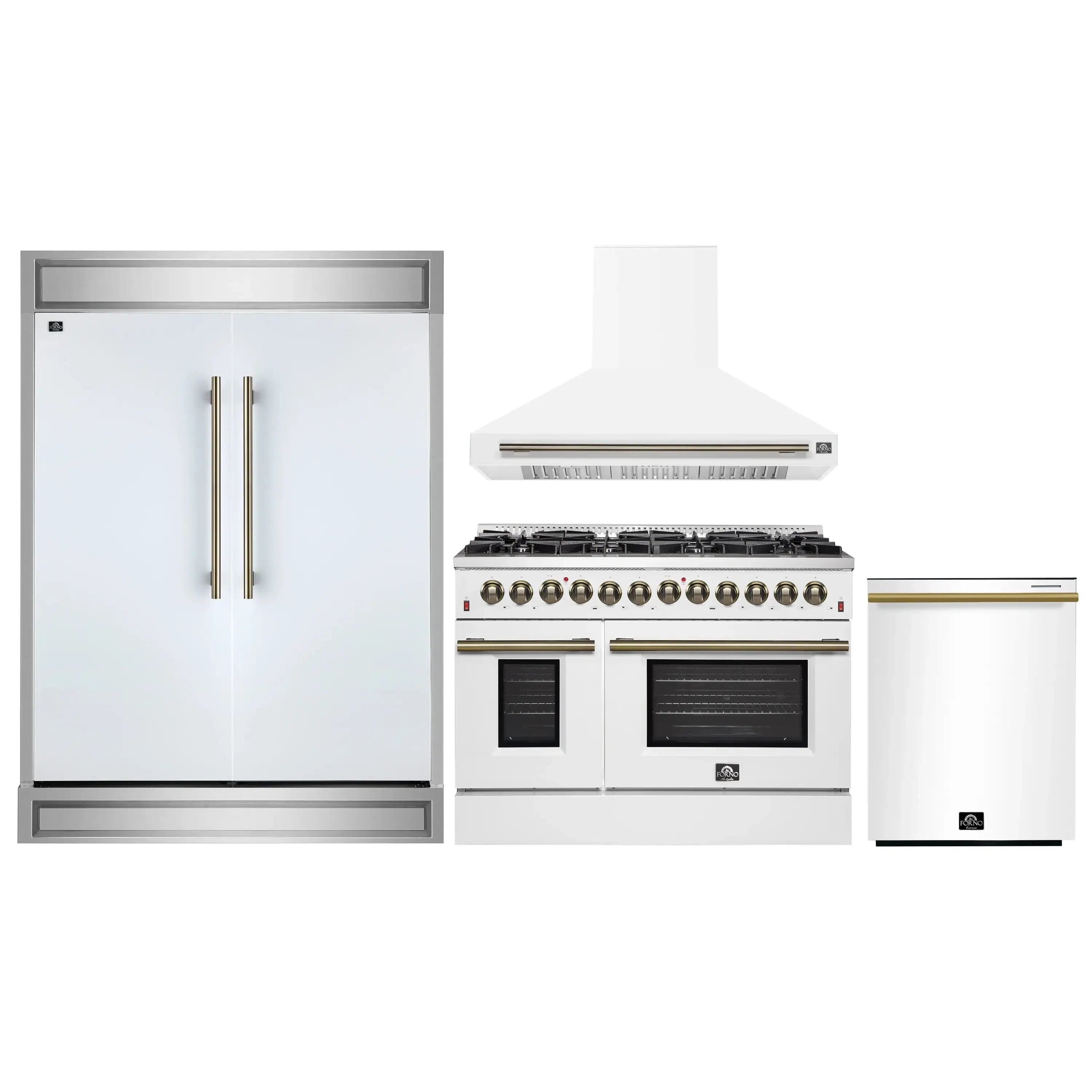 White kitchen appliance set: range hood with antique brass trim, range, refrigerator, dishwasher