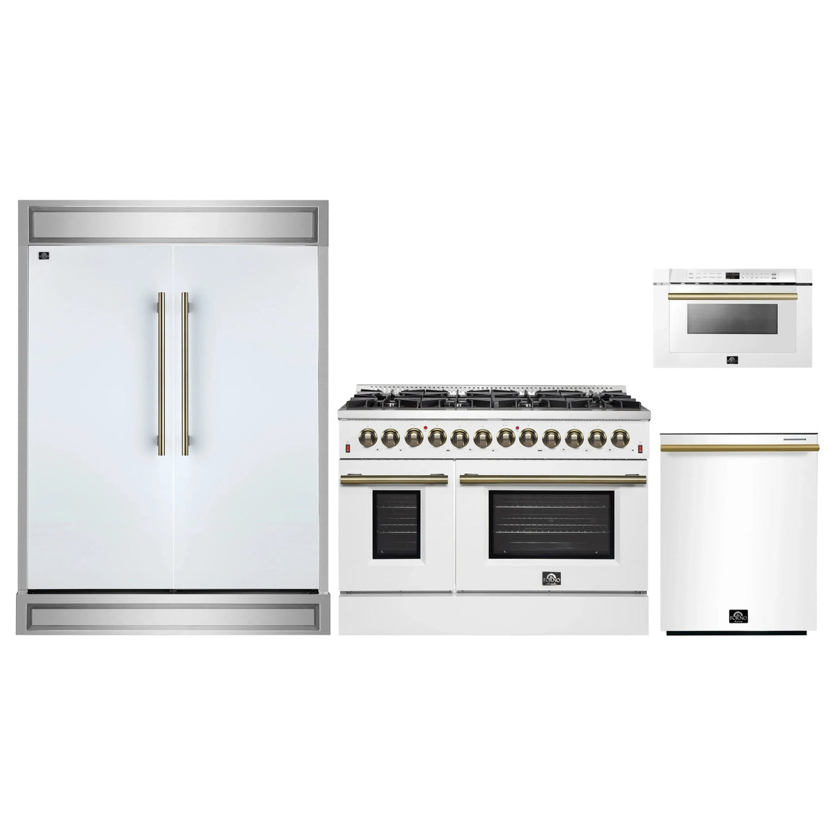 Forno 4-Piece Appliance Package - 48-Inch Dual Fuel Range, 60-Inch Refrigerator, Dishwasher, & 24-Inch Microwave Drawer in White with Antique Brass Trim