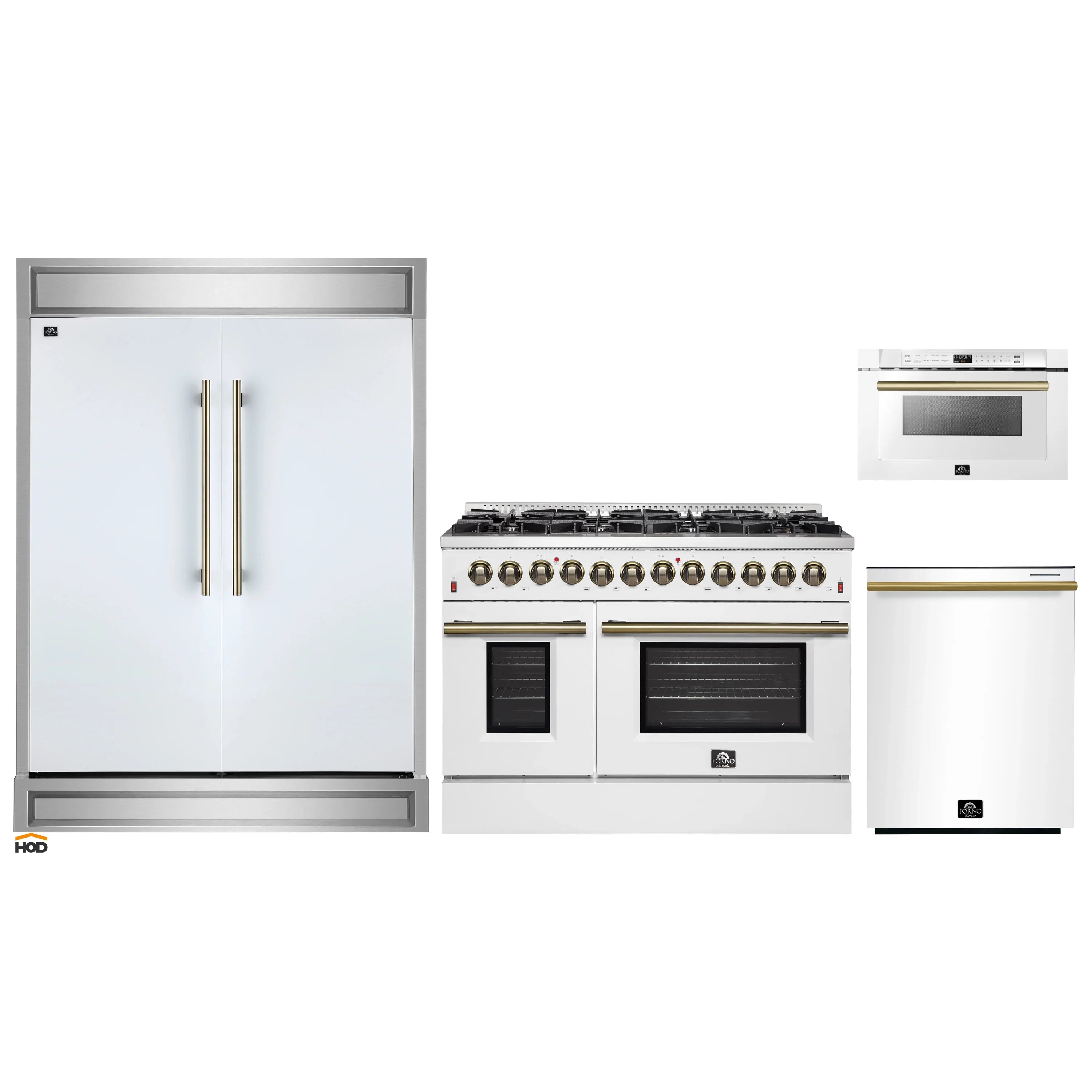 White kitchen appliance package with antique brass handles: range, refrigerator, and microwave drawer