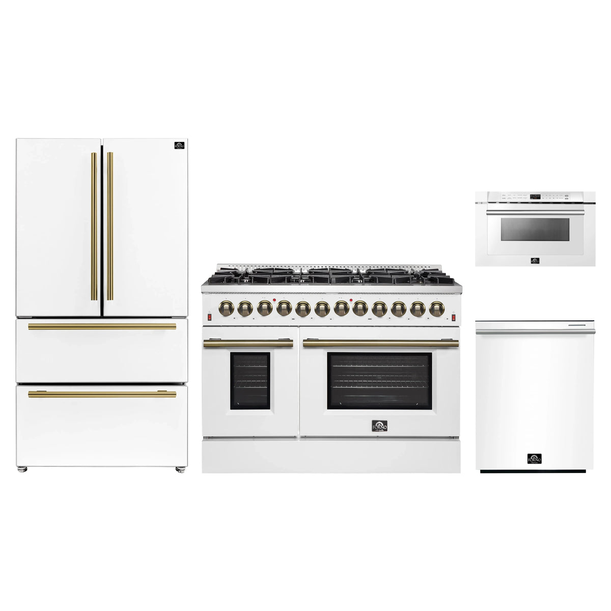 Forno 4-Piece Appliance Package - 48-Inch Dual Fuel Range, 36-Inch Refrigerator, 24-Inch Microwave Drawer, & Dishwasher in White with Antique Brass Trim