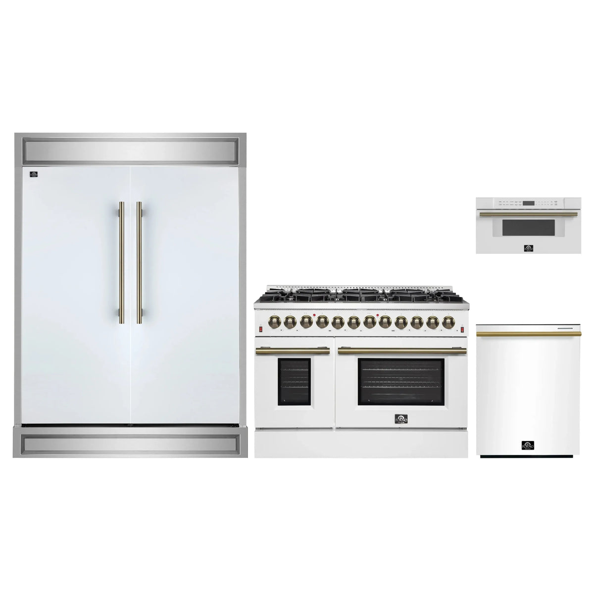 Forno 4-Piece Appliance Package - 48-Inch Dual Fuel Range, 60-Inch Refrigerator, Dishwasher, & 30-Inch Microwave Drawer in White with Antique Brass Trim