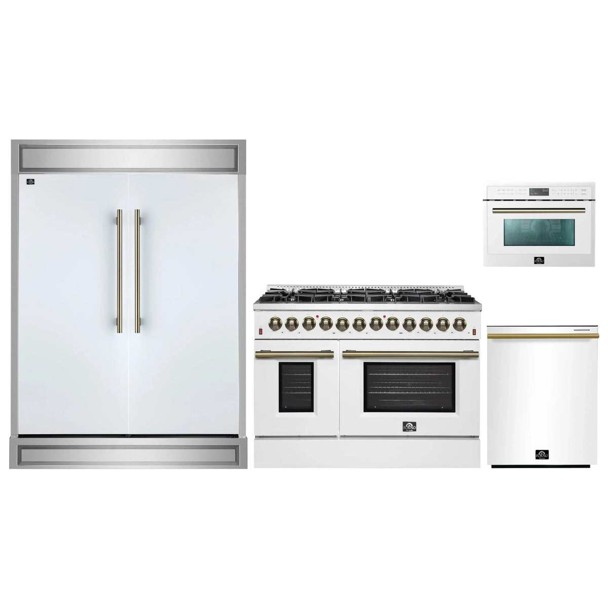 Forno 4-Piece Appliance Package - 48-Inch Dual Fuel Range, 60-Inch Refrigerator, Dishwasher, & 24-Inch Microwave Oven in White with Antique Brass Trim