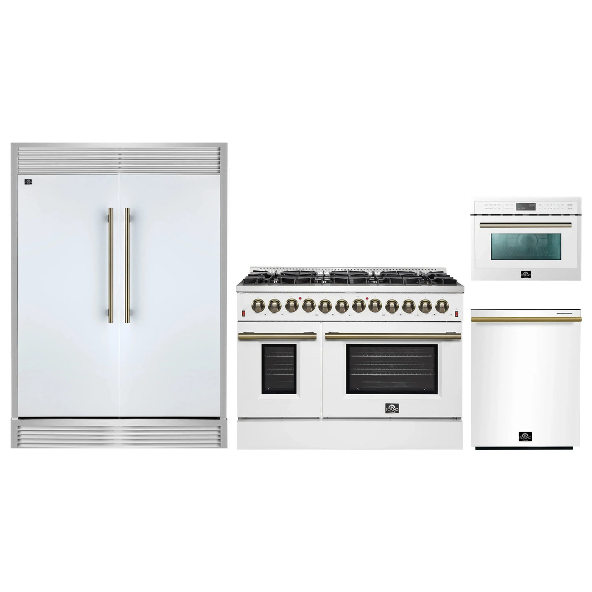 Forno 4-Piece Appliance Package - 48-Inch Galiano Dual Fuel Range, 60-Inch Refrigerator, Dishwasher, & 24-Inch Microwave Oven in White with Antique Brass Trim