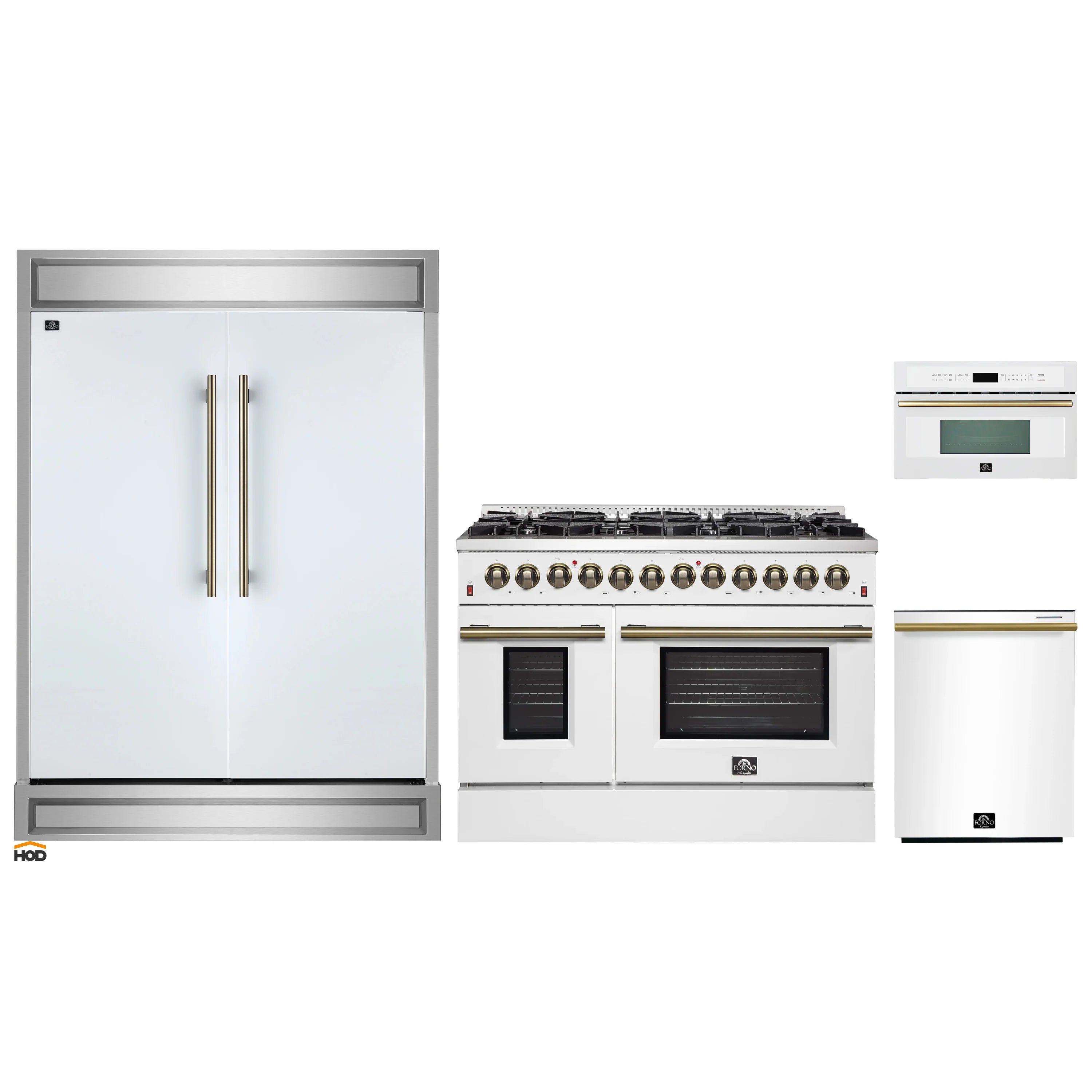 White appliance set featuring a refrigerator, range, and microwave with brass accents