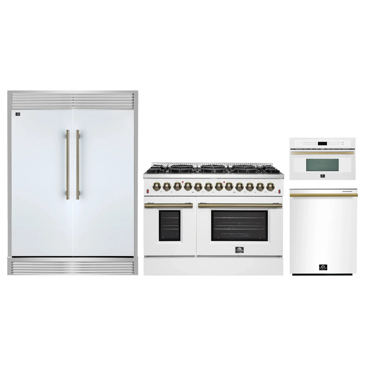 Forno 4-Piece Appliance Package - 48-Inch Galiano Dual Fuel Range, 60-Inch Refrigerator, Dishwasher, & 30-Inch Microwave Oven in White with Antique Brass Trim