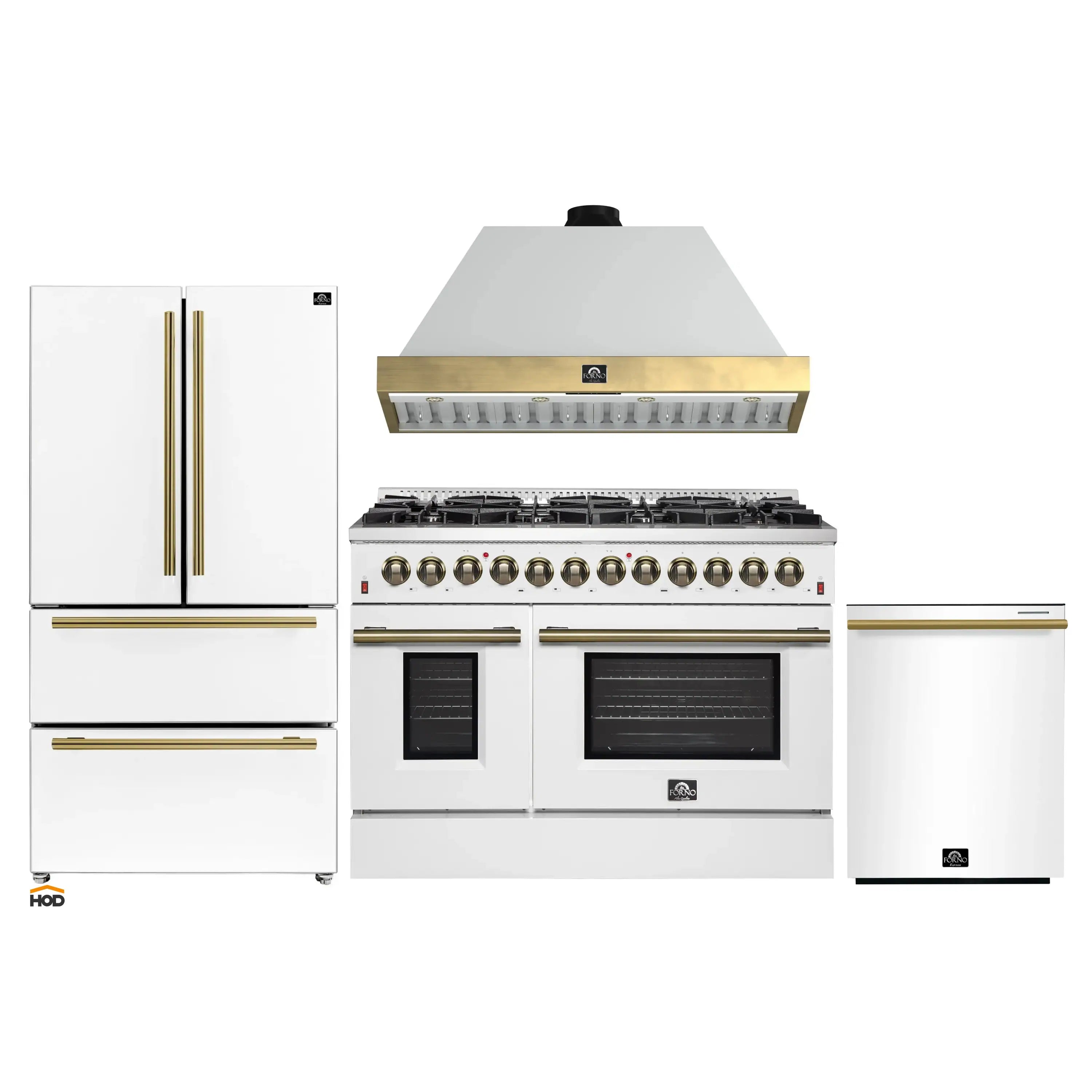 4-piece white appliance set with antique brass trim: range, hood, refrigerator, dishwasher