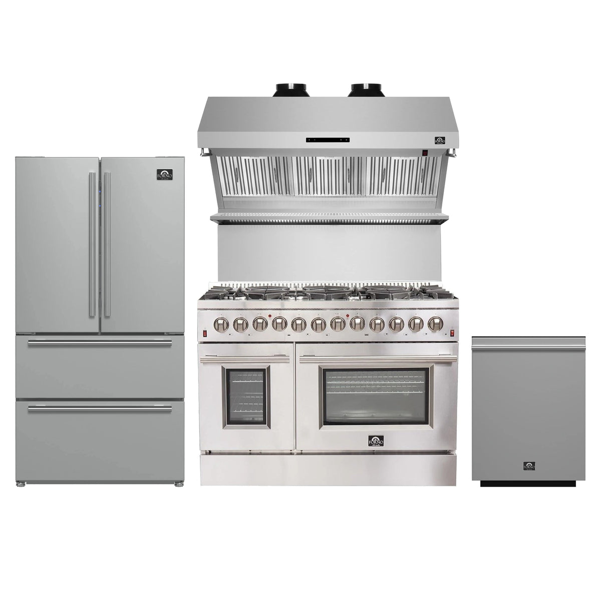 Forno 4-Piece Appliance Package - 48-Inch Dual Fuel Range, Refrigerator, Wall Mount Hood with Backsplash, & 3-Rack Dishwasher in Stainless Steel