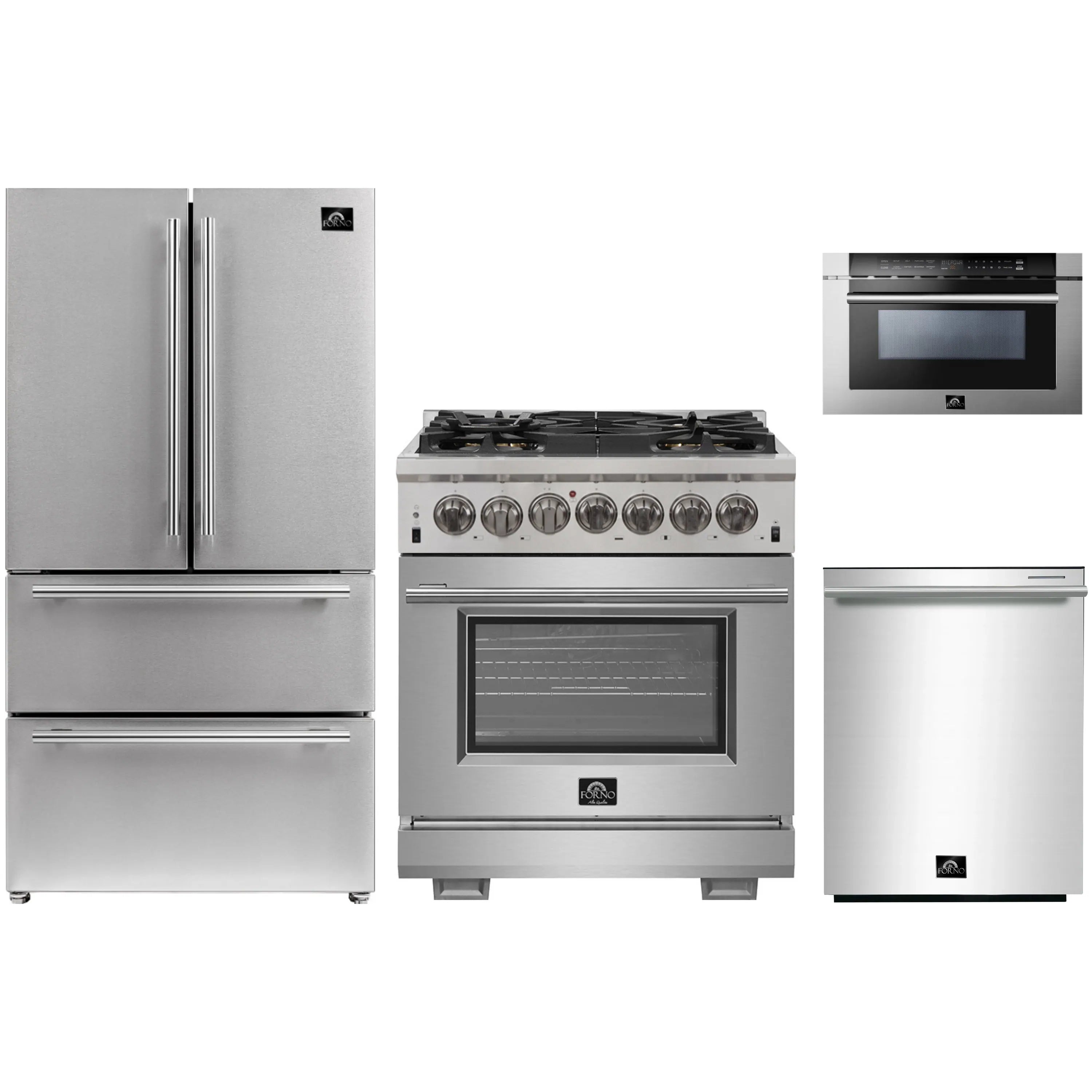 Stainless steel appliance set: refrigerator, dual fuel range, microwave drawer, dishwasher