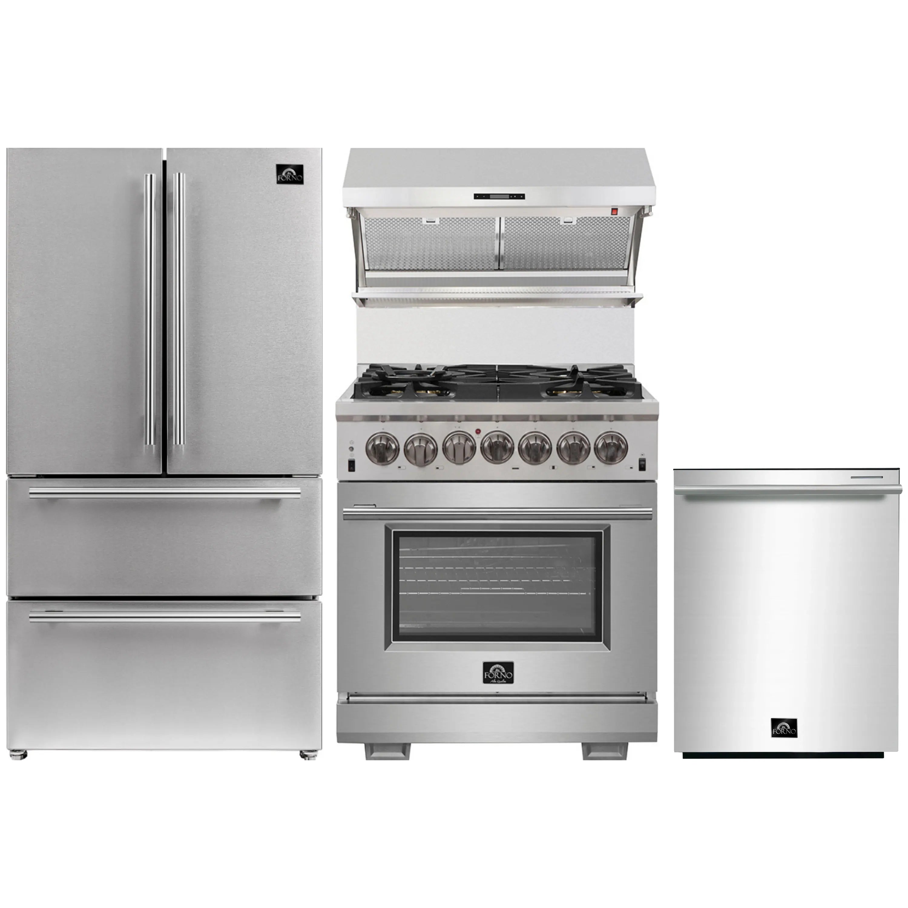 Stainless appliance set showing refrigerator, range, and dishwasher in a row