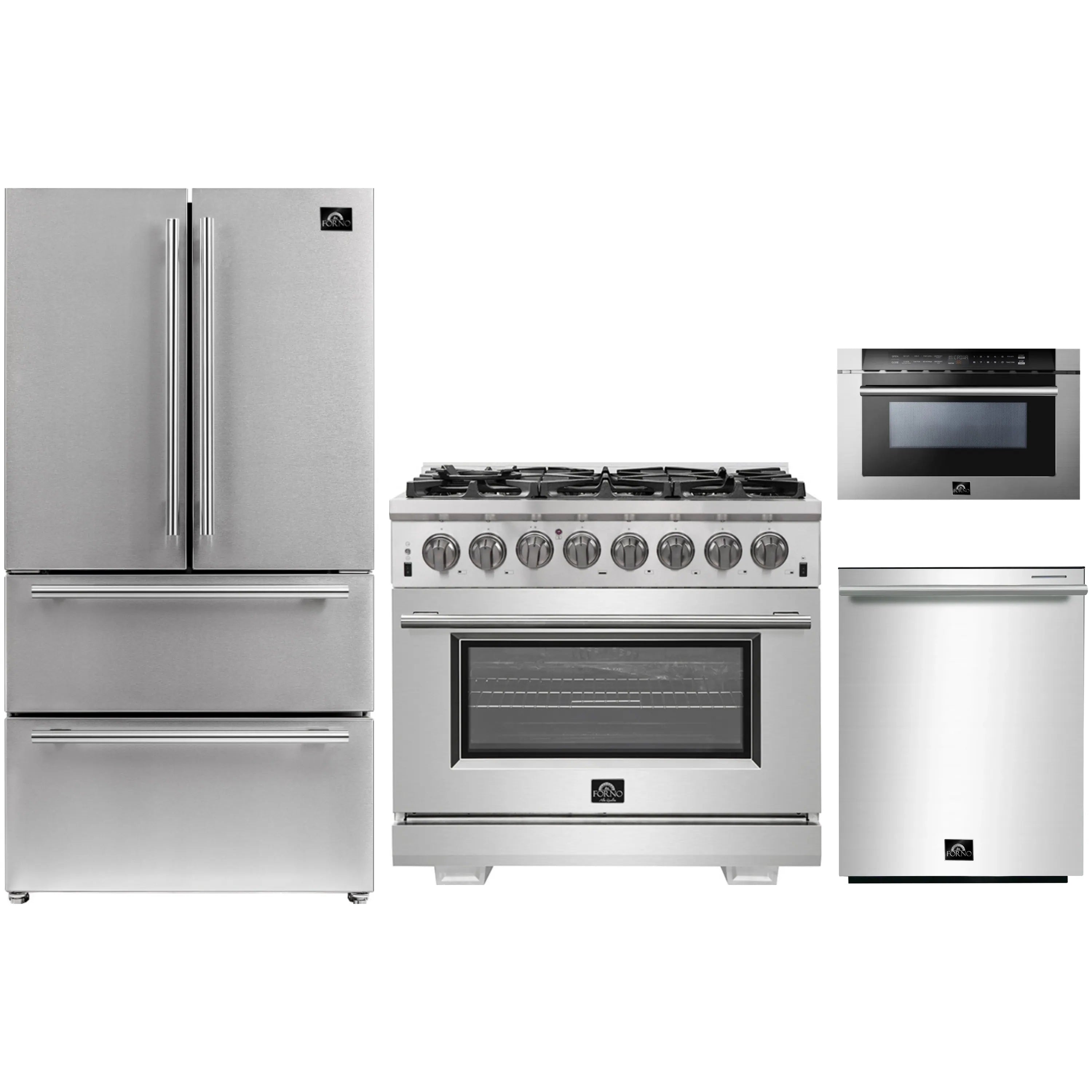 Stainless steel refrigerator, dual-fuel range, and dishwasher appliance set