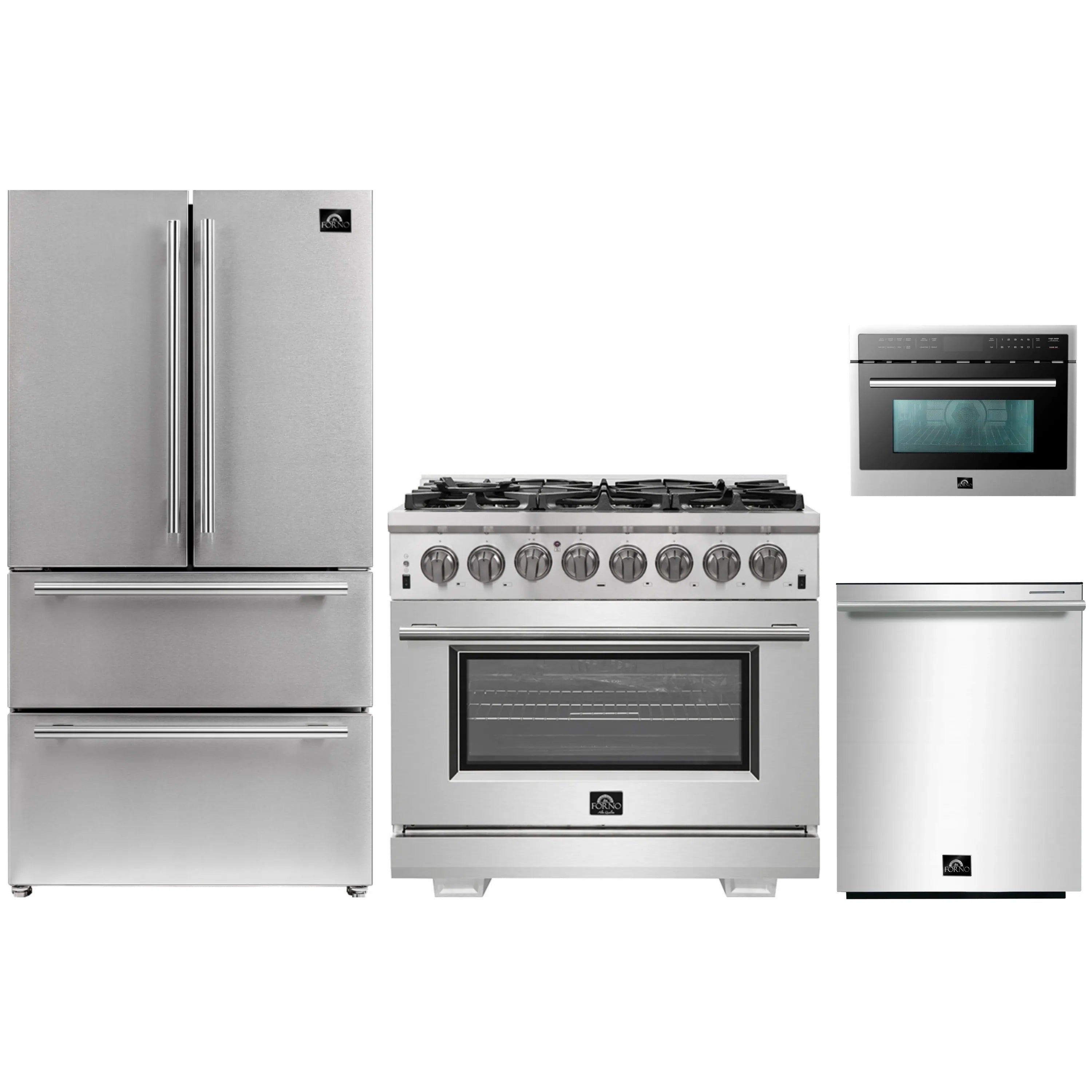 Stainless steel kitchen appliance set with refrigerator, range, and microwave