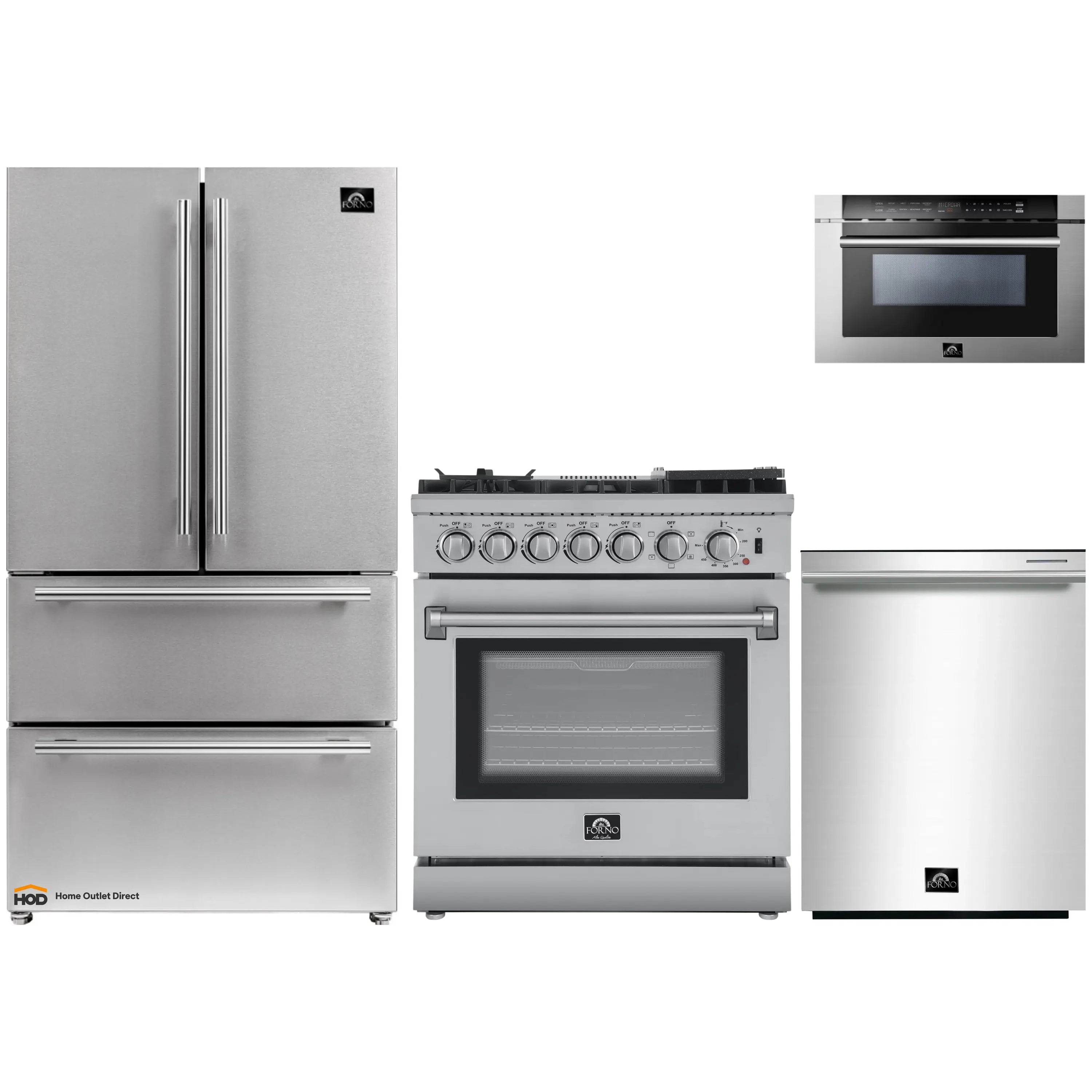 Stainless steel appliance package showing range, refrigerator, microwave drawer, dishwasher