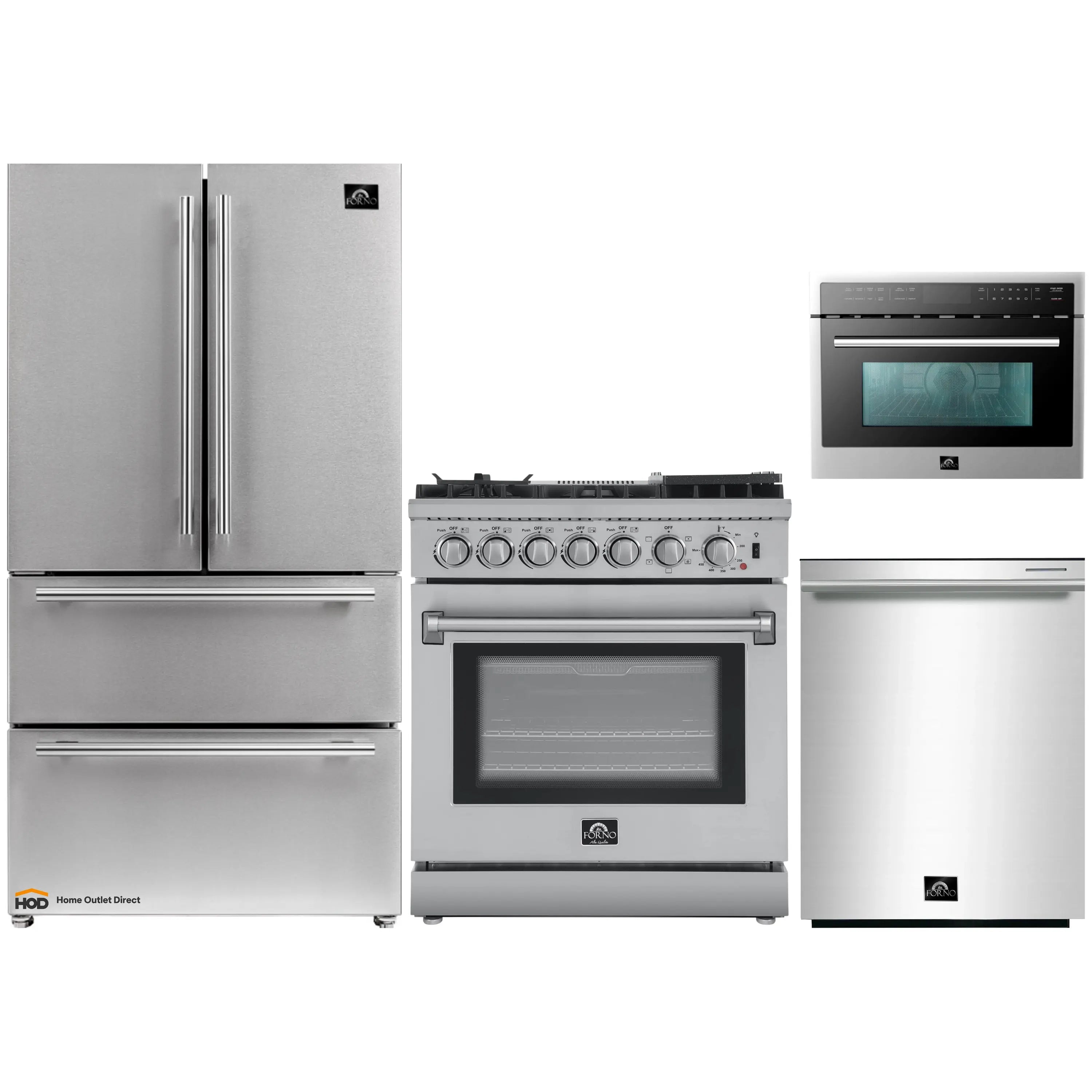 Stainless steel refrigerator, dual fuel range, and microwave oven side-by-side