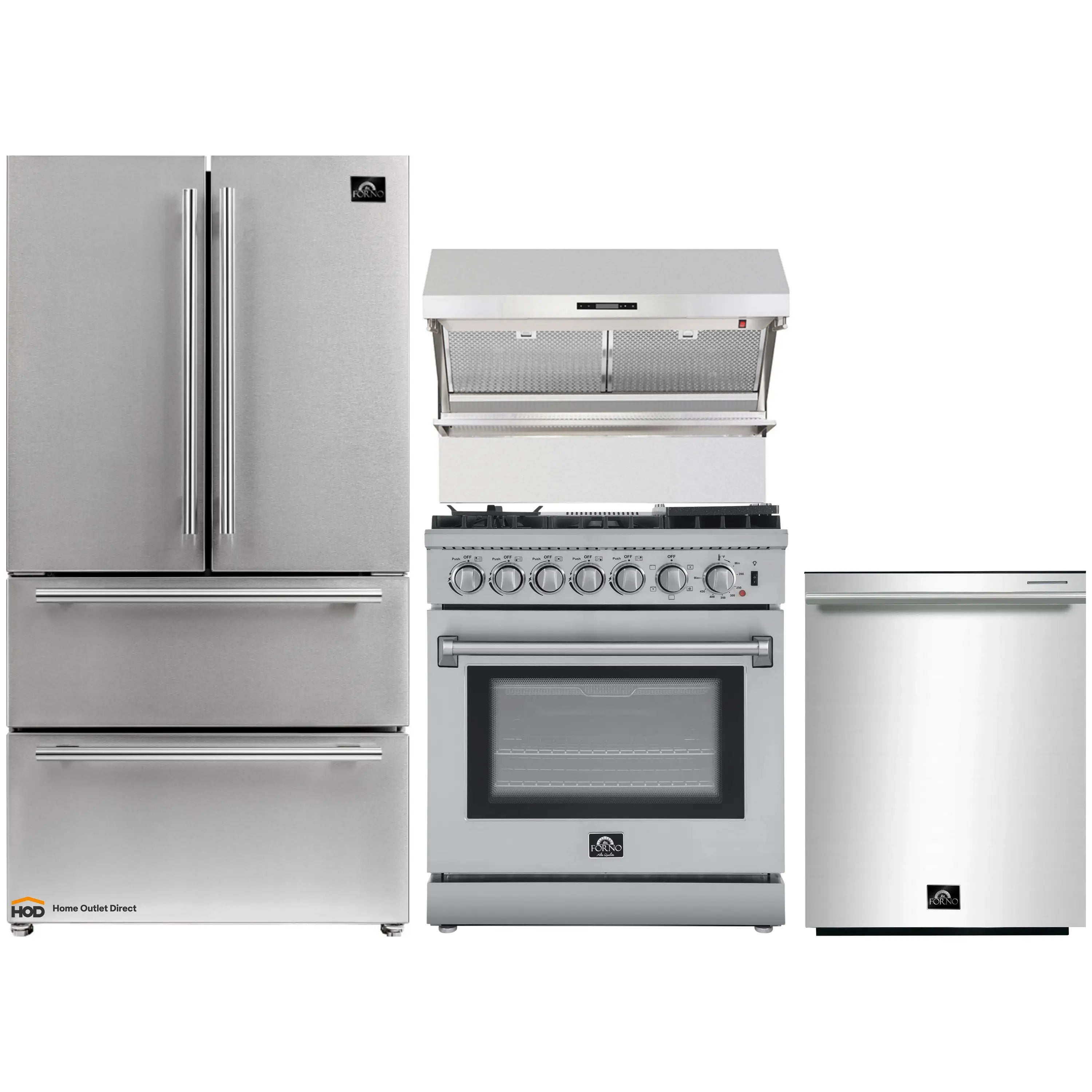 Stainless steel appliance set: refrigerator, freestanding range, and dishwasher