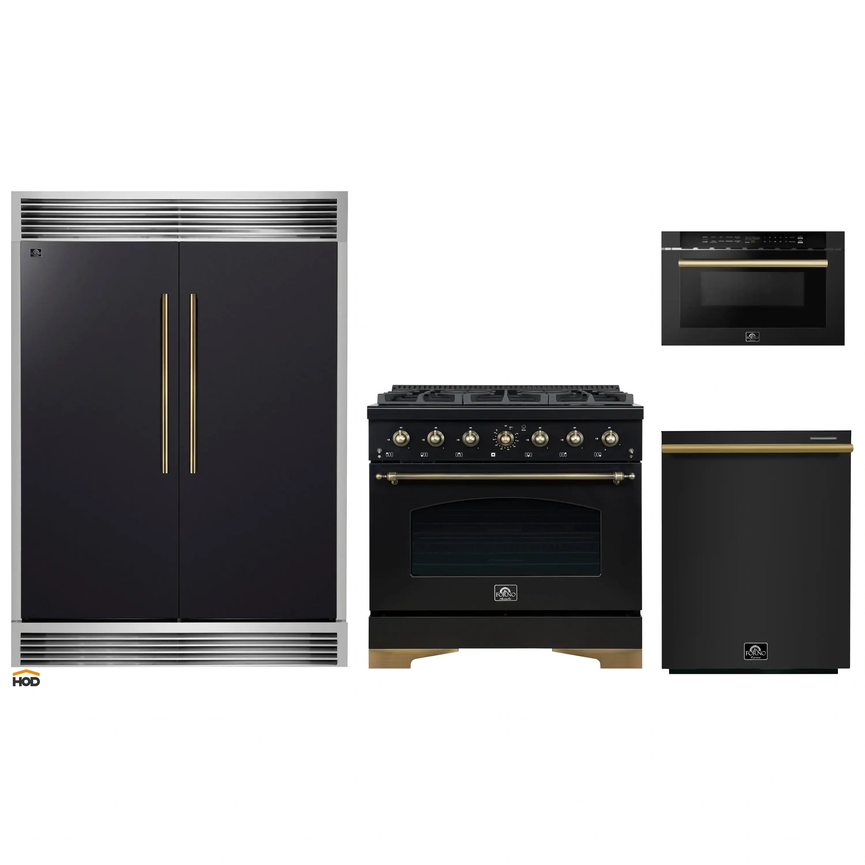 4-piece black appliance package: gas range, microwave drawer, refrigerator, dishwasher