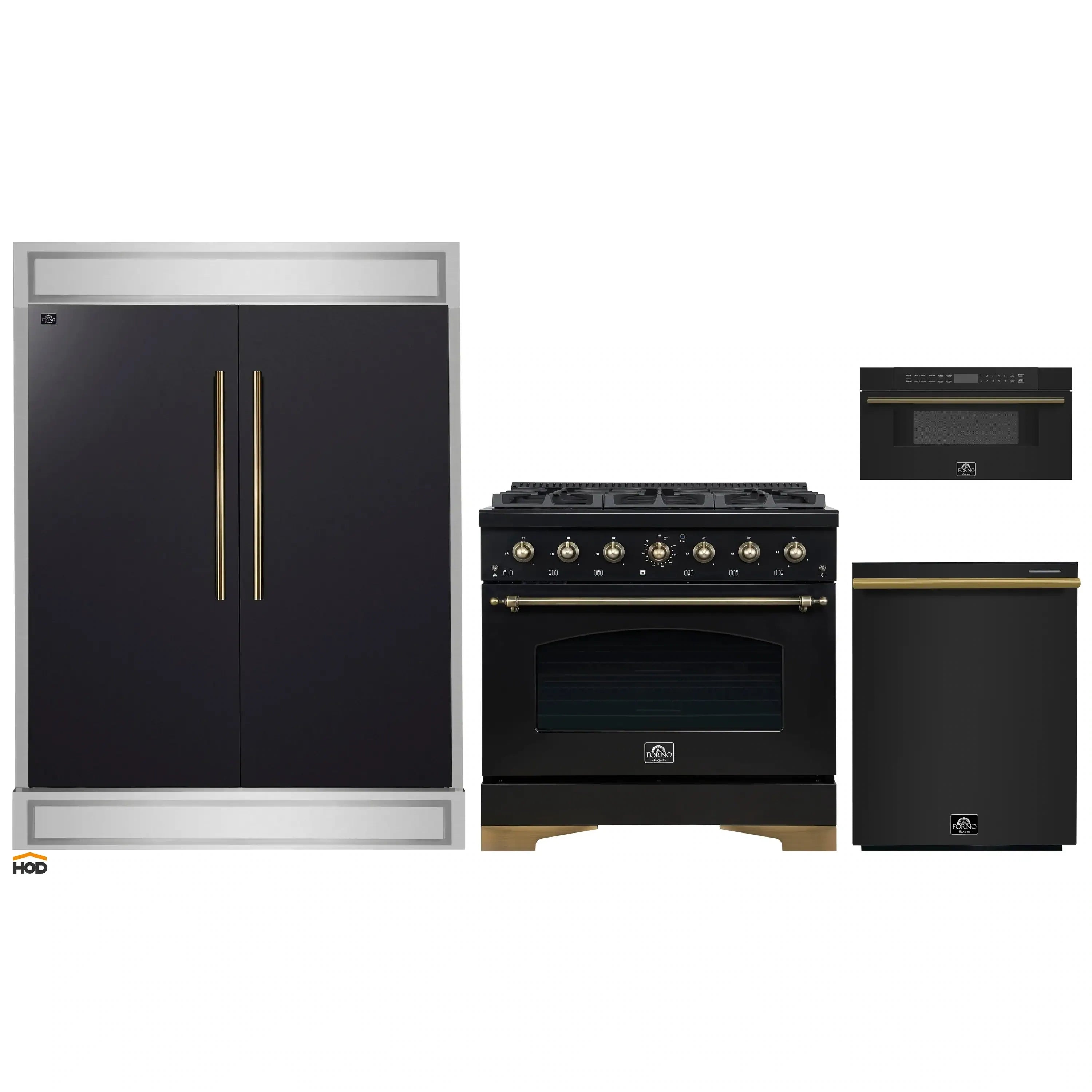 Set of black kitchen appliances: range oven, microwave drawer, and refrigerator
