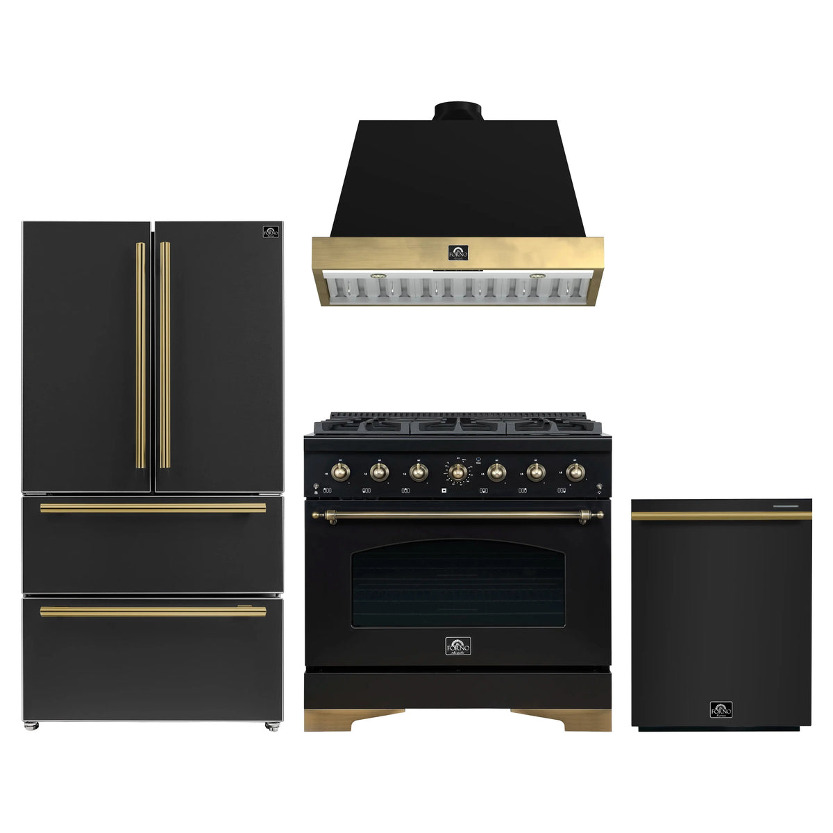 Forno Antico 4-Piece Appliance Package - 36-Inch Gas Range, 36-Inch Hood, 36-Inch Refrigerator, & 24-Inch Dishwasher in Black with Antique Brass Trim