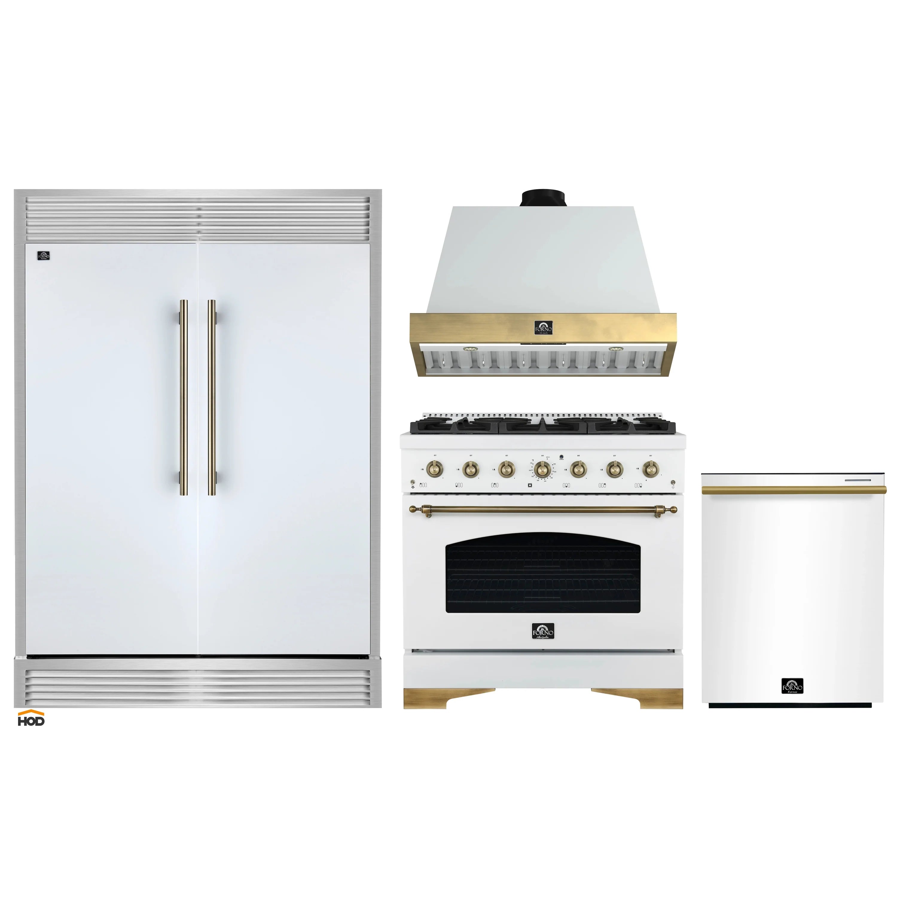 White appliance package with gas range, refrigerator, dishwasher, and wall range hood