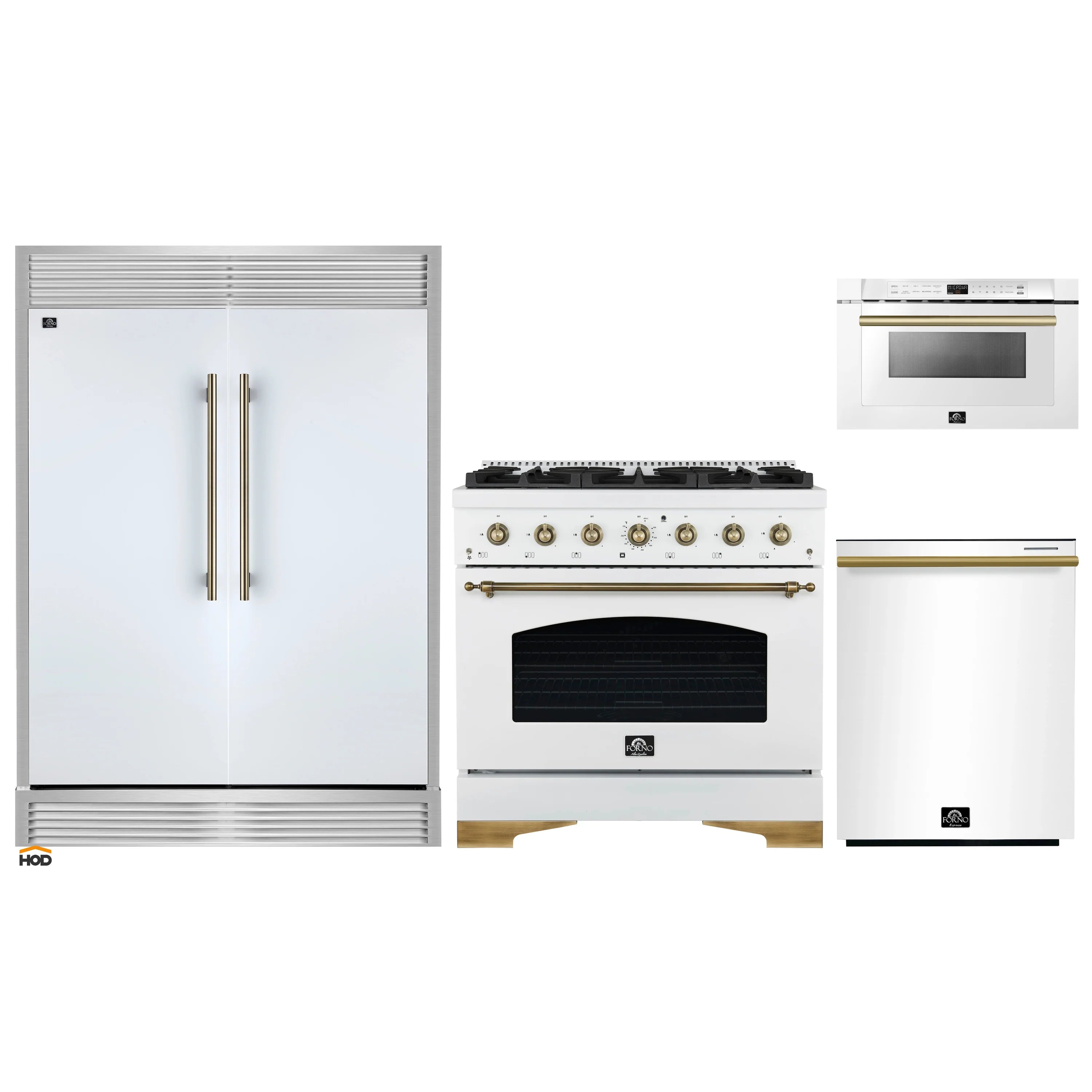 White appliance package with refrigerator, gas range oven, dishwasher, and microwave drawer.