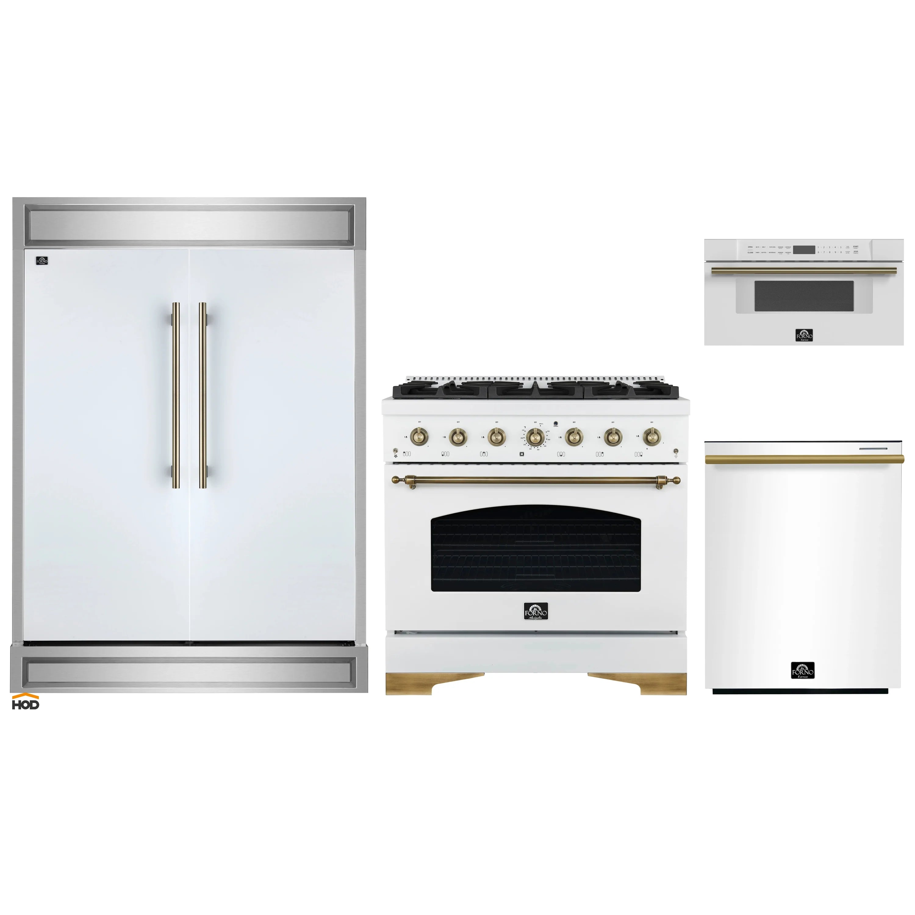 White 4-piece appliance set: refrigerator, gas range, dishwasher, and microwave drawer