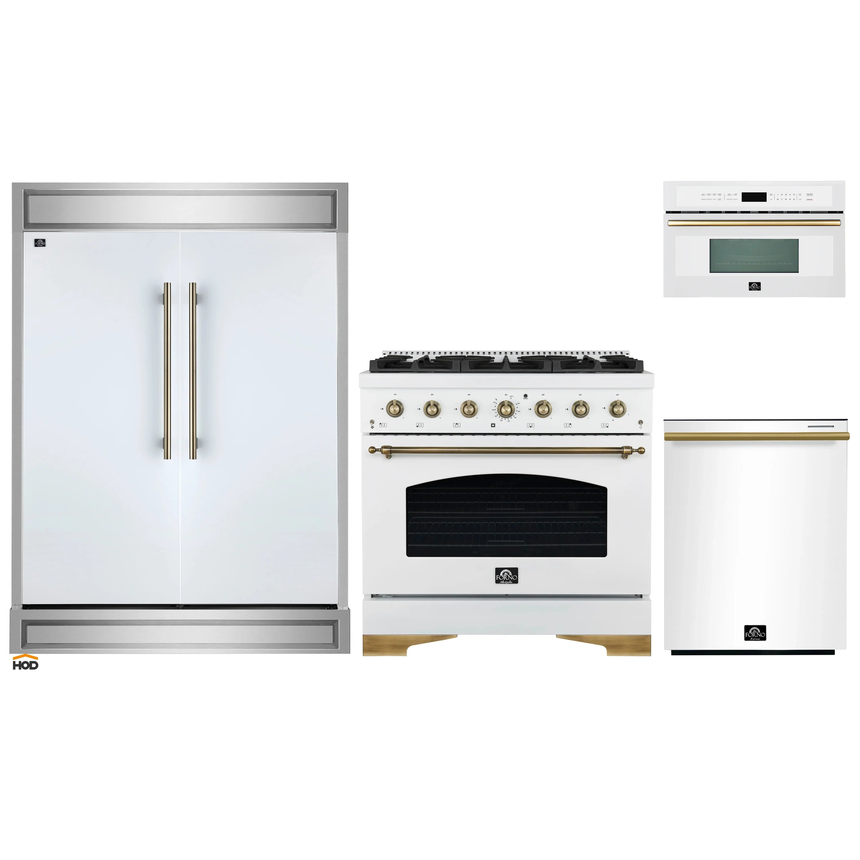Appliance package showing refrigerator, gas range, dishwasher, and microwave with gold accents