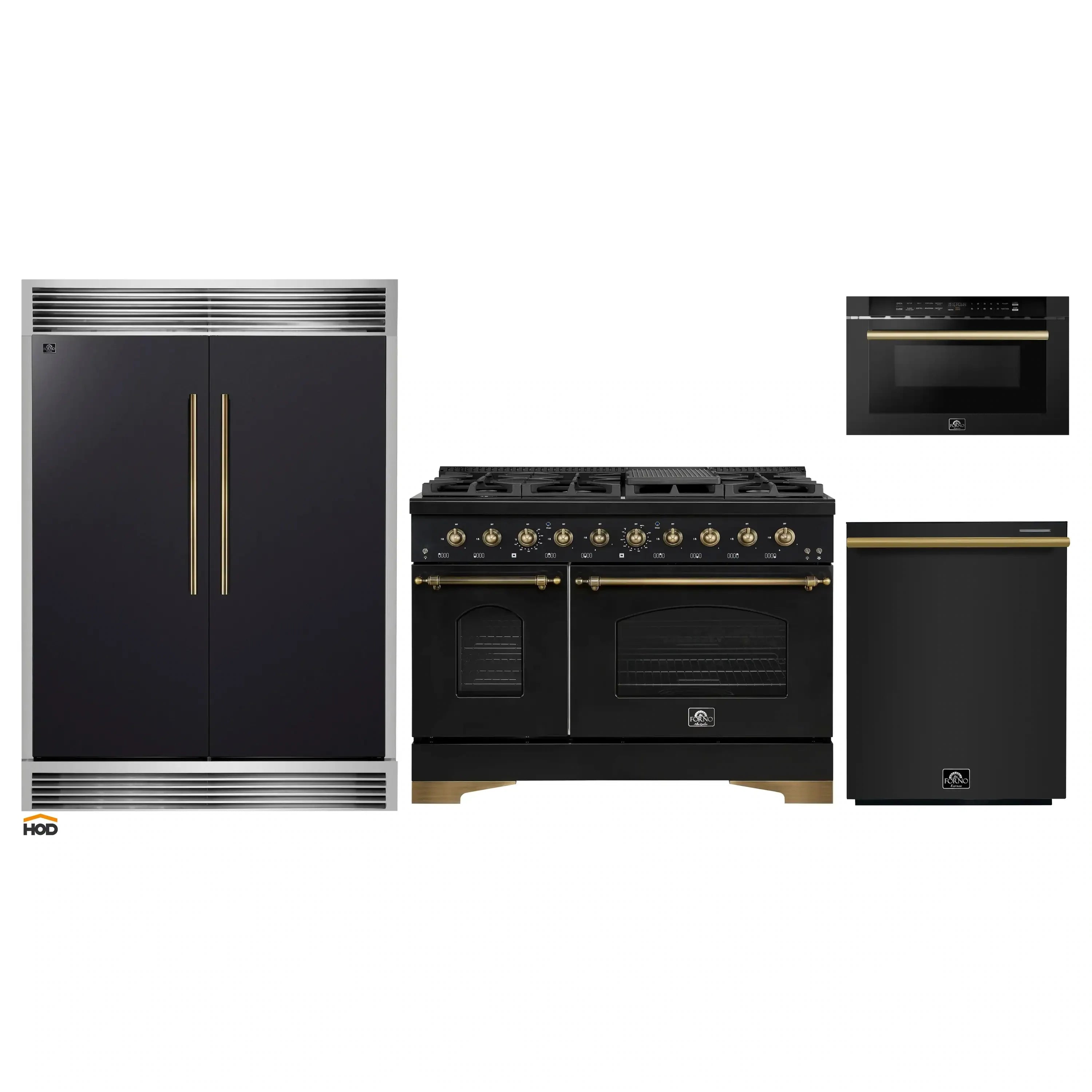 Black gas range with antique brass knobs, plus dishwasher, refrigerator, and microwave