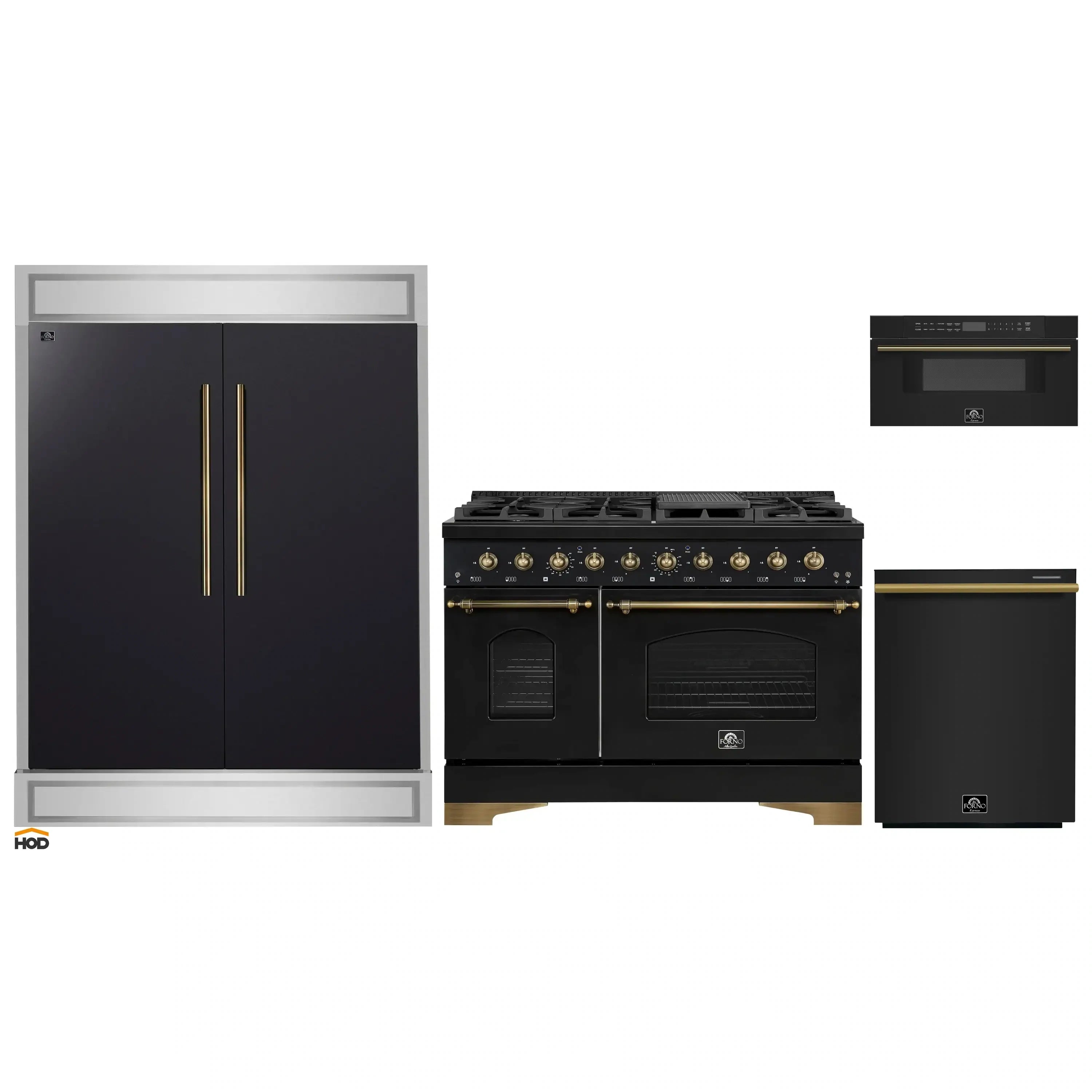 Black appliance package with gas range, dishwasher, refrigerator, and microwave drawer