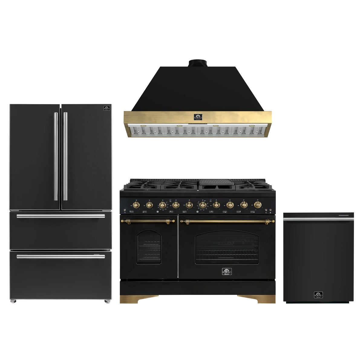Forno Antico 4-Piece Appliance Package - 48-Inch Gas Range, 48-Inch Hood, 36-Inch Refrigerator, & 24-Inch Dishwasher in Black with Antique Brass Trim