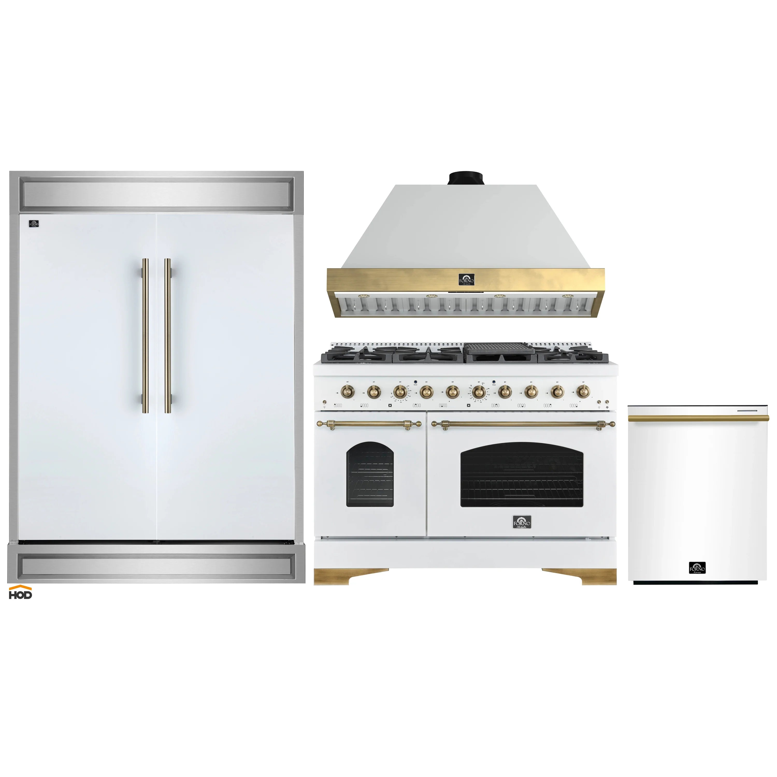 White kitchen appliance set with refrigerator, gas range, and brass-accent range hood