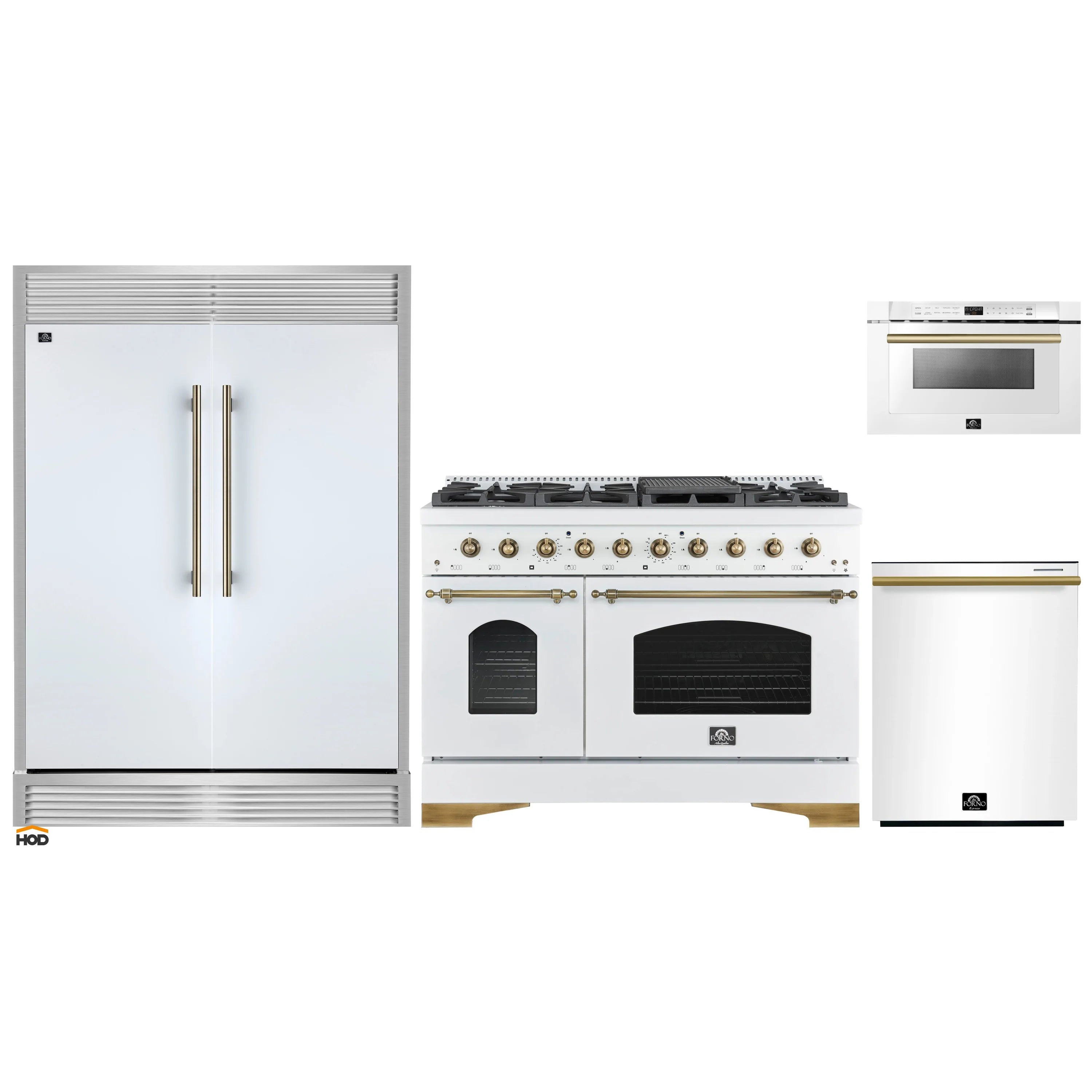 4-piece appliance package set showing white gas range, microwave, and refrigerator