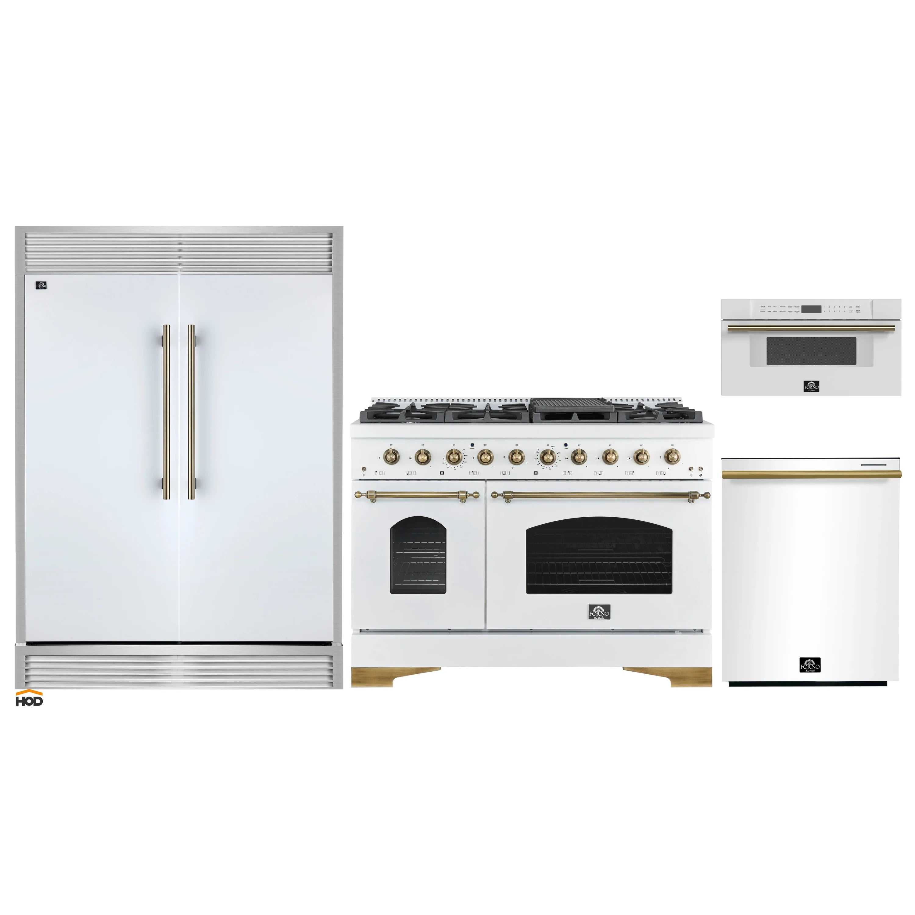 White kitchen appliance set: side-by-side fridge, gas range, and microwave drawer