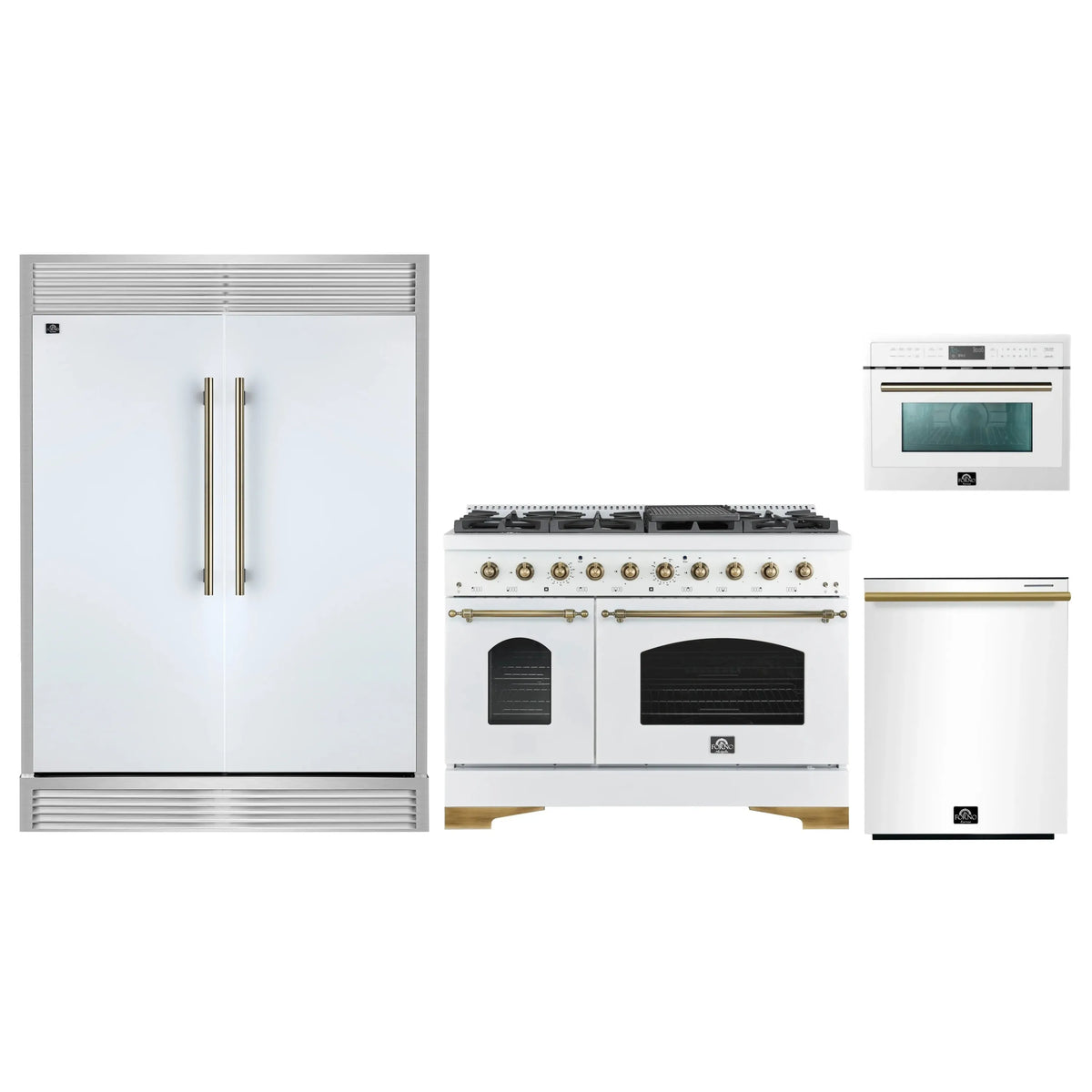 Forno 4-Piece Appliance Package - 48-Inch Antico Gas Range, 60-Inch Refrigerator, Dishwasher, & 24-Inch Microwave Oven in White with Antique Brass Trim