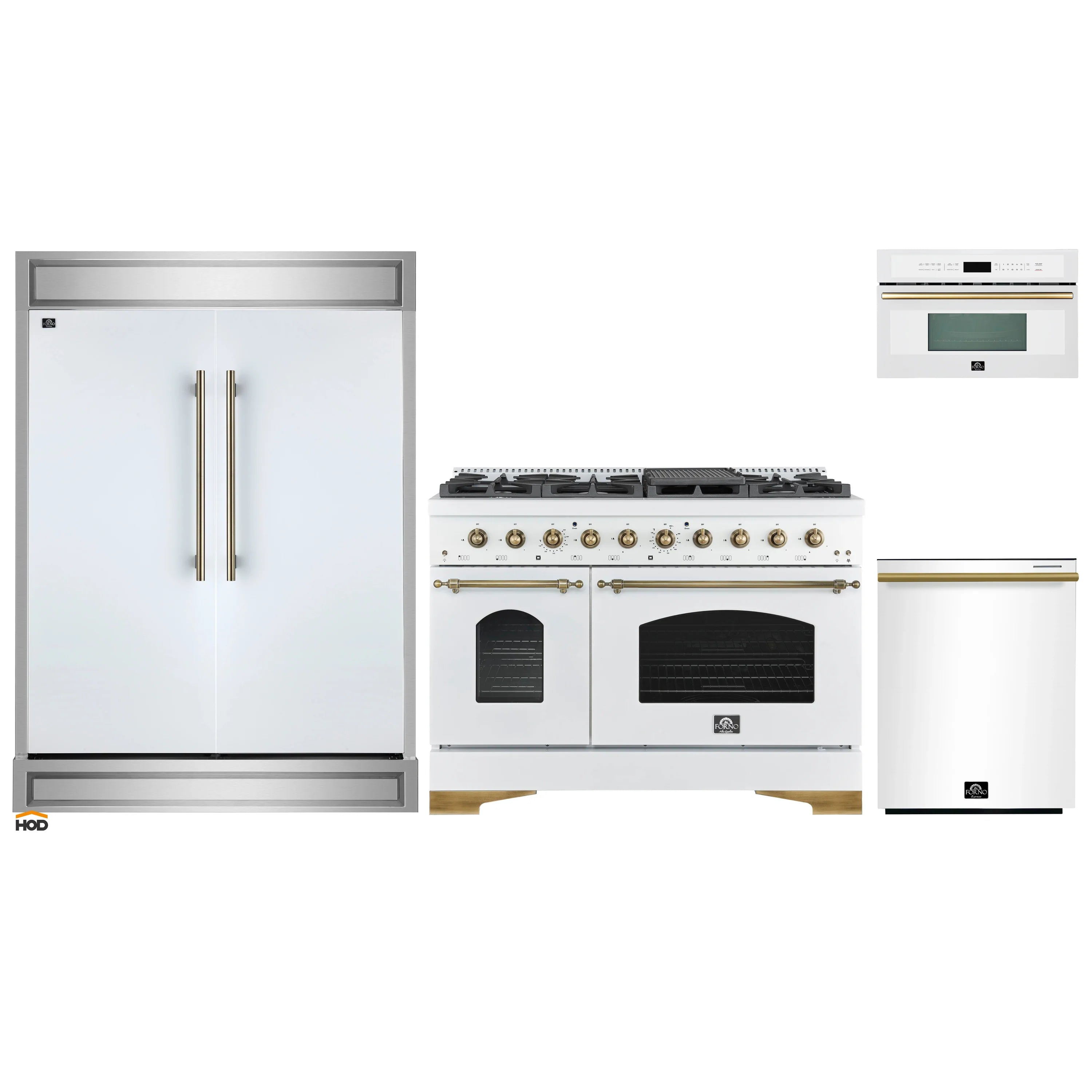 White kitchen appliance set with gas range, refrigerator, and microwave with brass accents