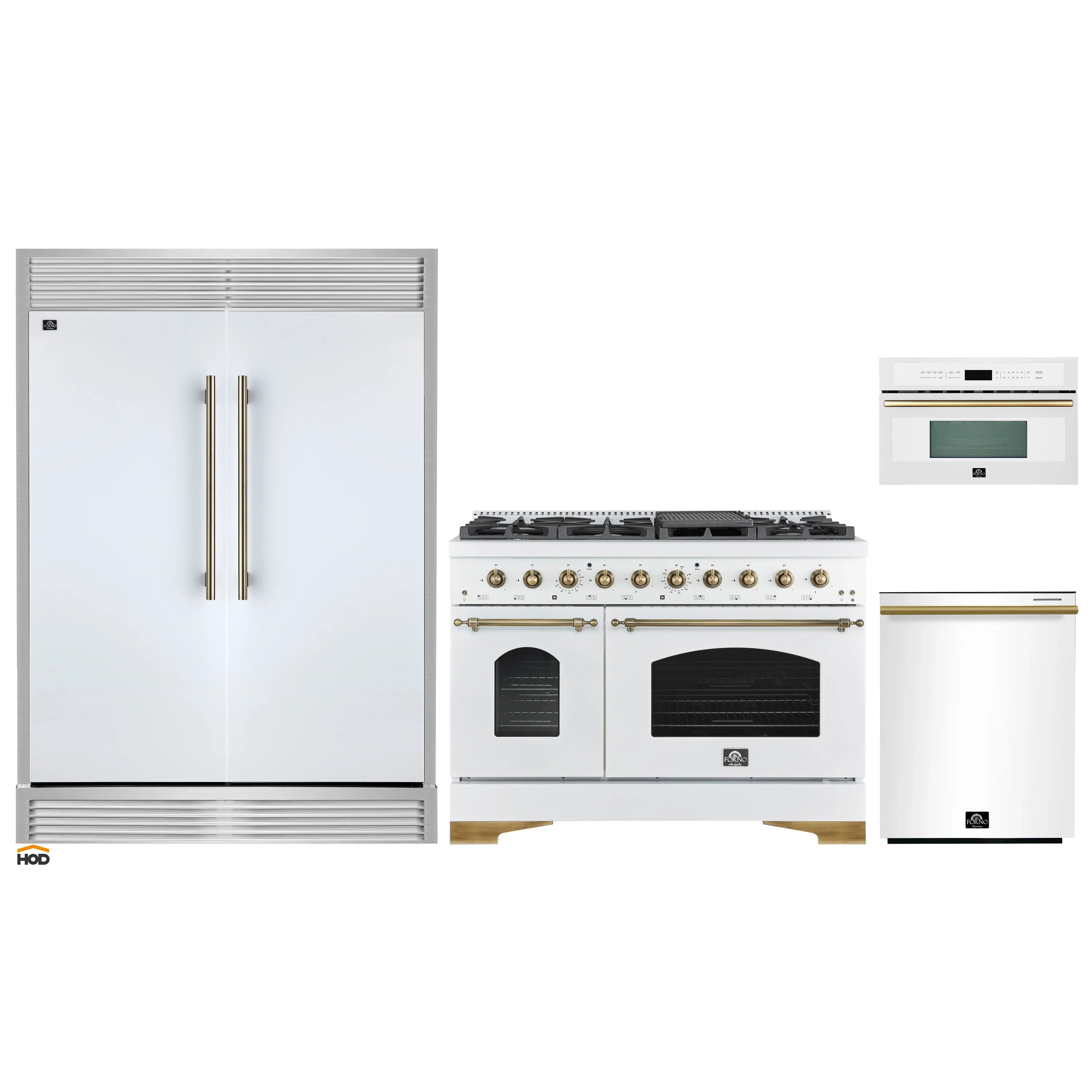 Kitchen appliance set featuring refrigerator, gas range, and microwave with brass accents