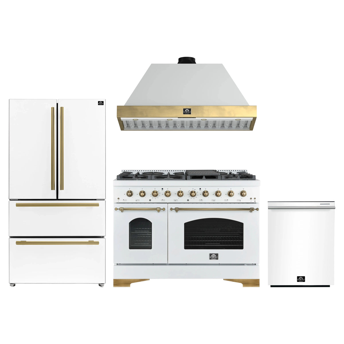 Forno Antico 4-Piece Appliance Package - 48-Inch Gas Range, 48-Inch Hood, 36-Inch Refrigerator, & 24-Inch Dishwasher in White with Antique Brass Trim