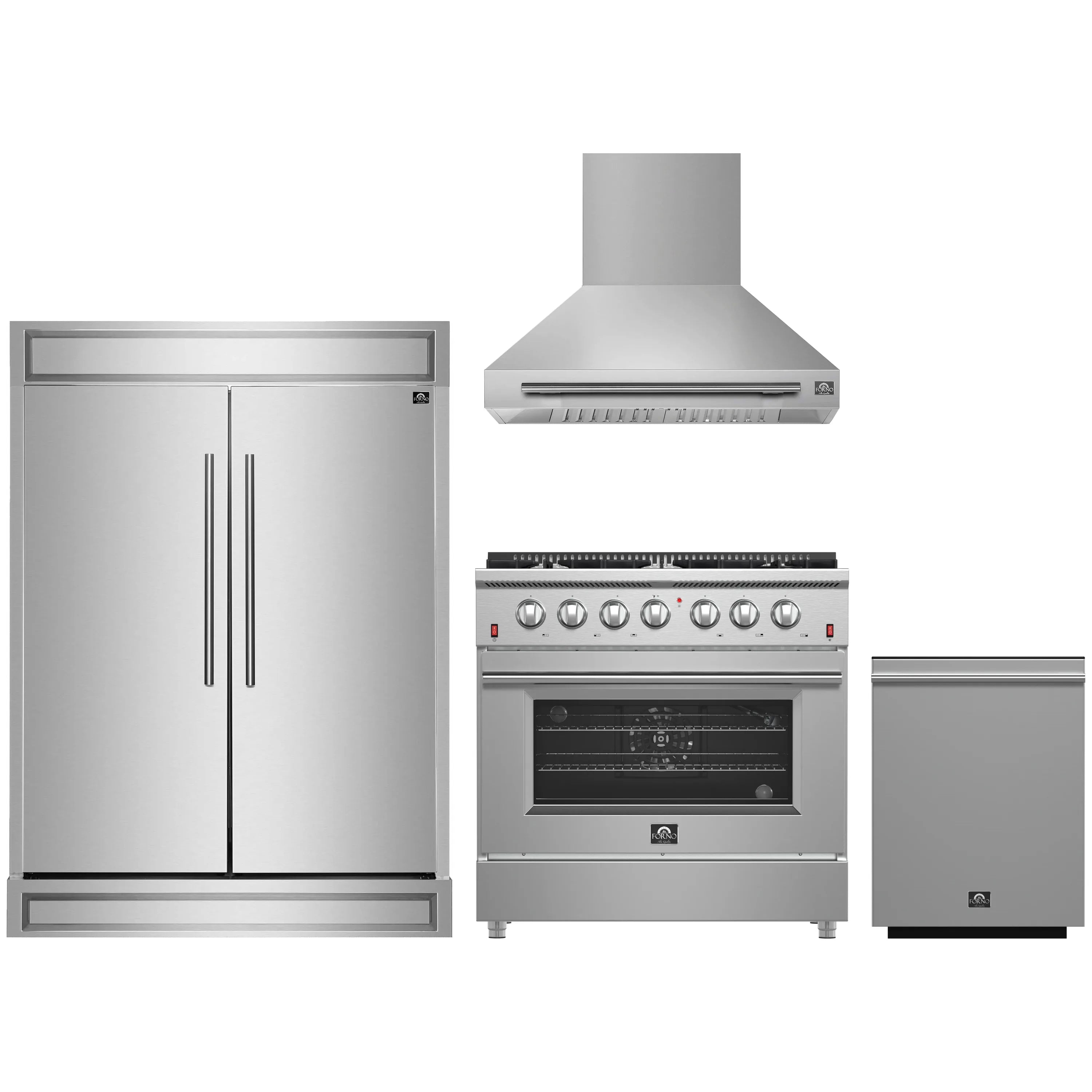 Stainless steel appliance package featuring refrigerator, gas range, range hood, and dishwasher