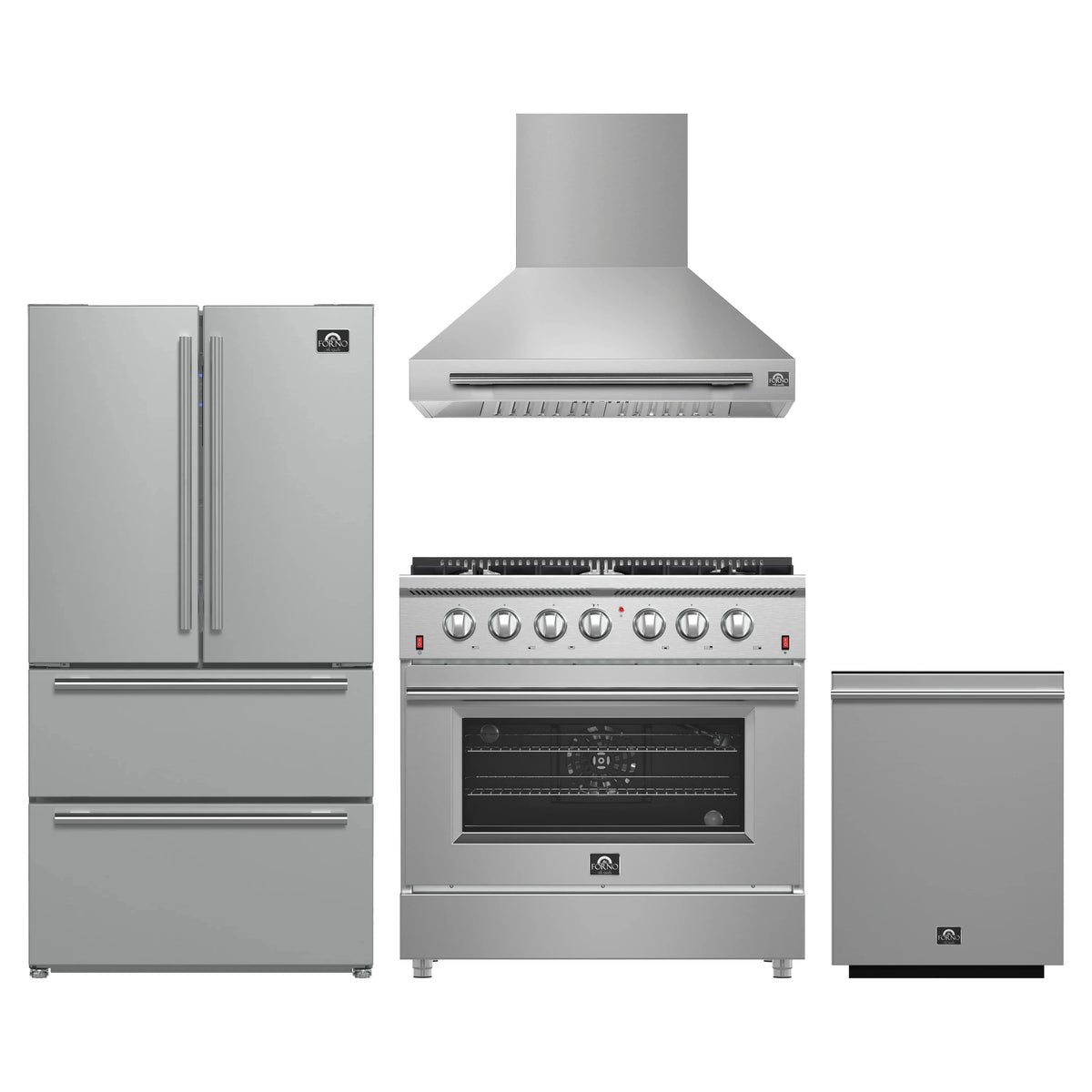 Forno 4-Piece Appliance Package - 36-Inch Gas Range, Wall Mount Range Hood, 36-Inch French Door Refrigerator, and Dishwasher in Stainless Steel