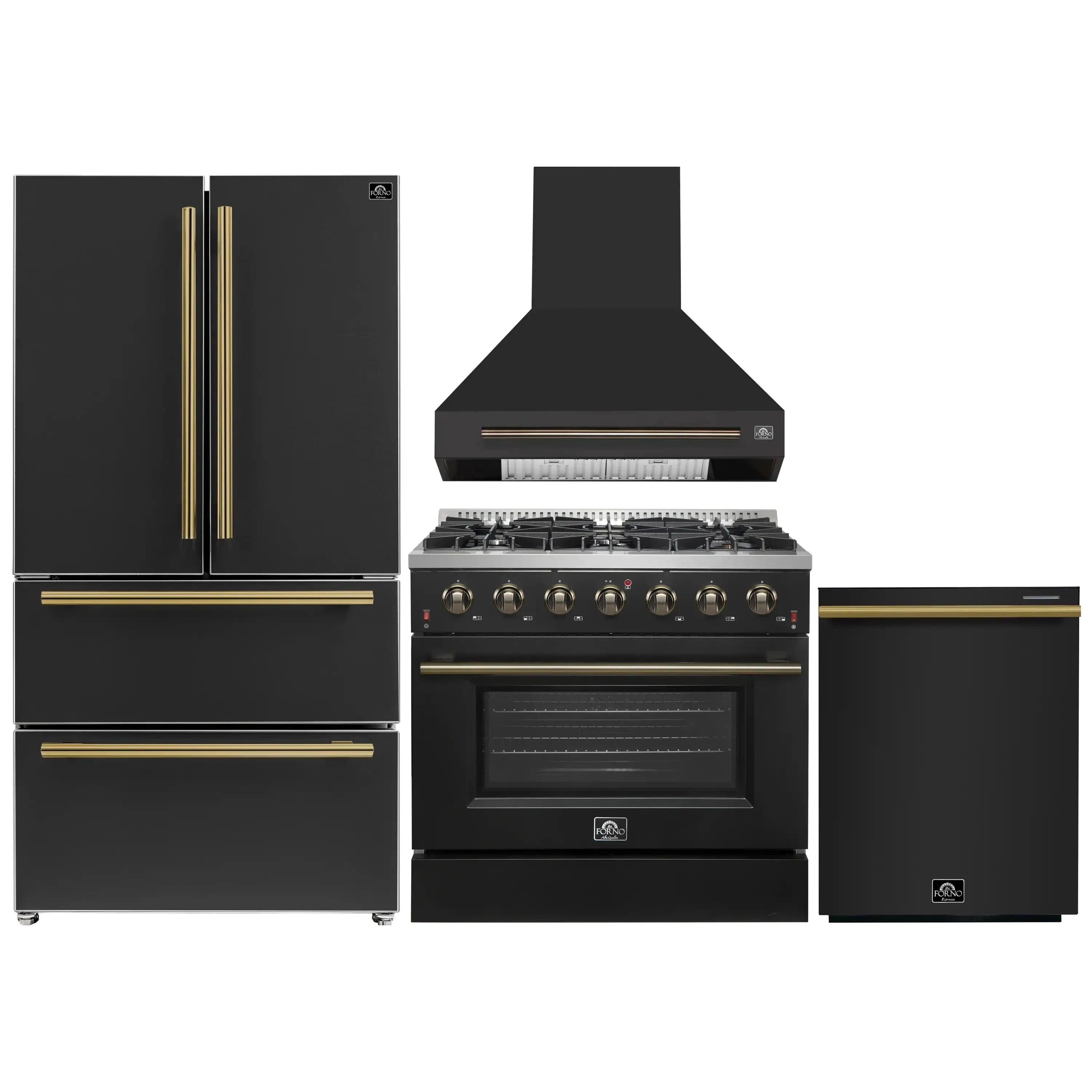 Black appliance set with antique brass handles: refrigerator, range, hood, and dishwasher