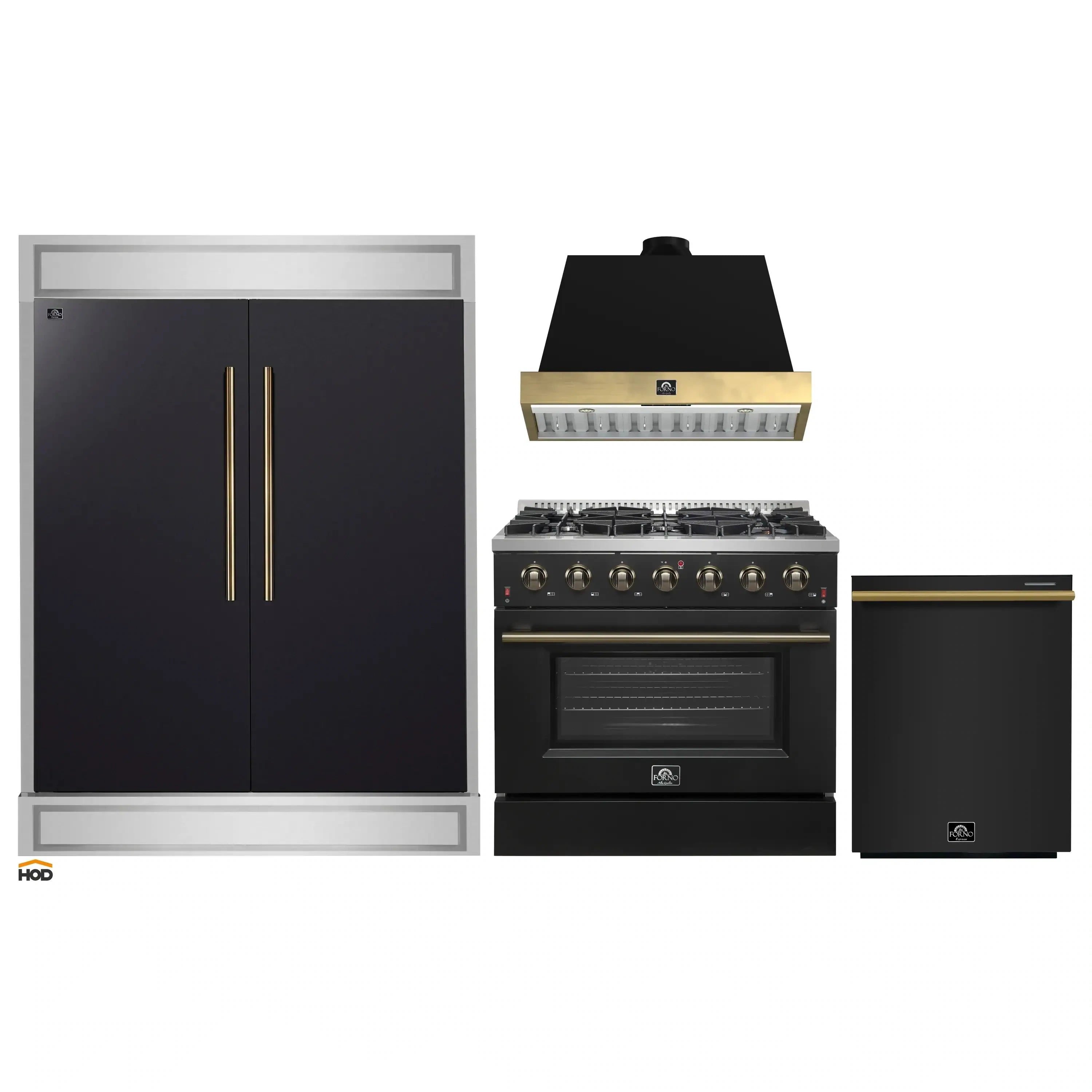 4-piece black appliance package with gas range, range hood, refrigerator, and dishwasher