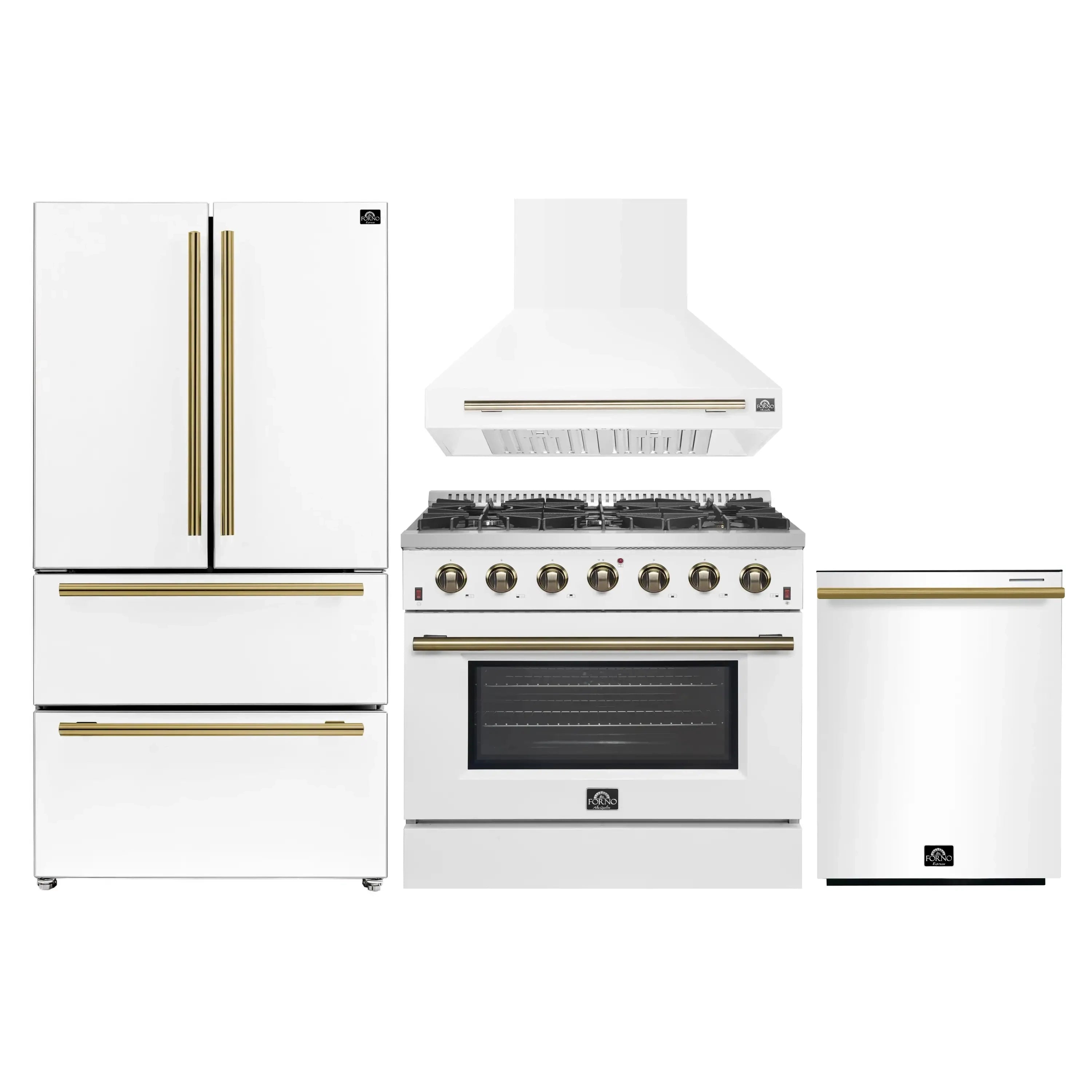 White 4-piece appliance package: gas range, hood, French door fridge, dishwasher