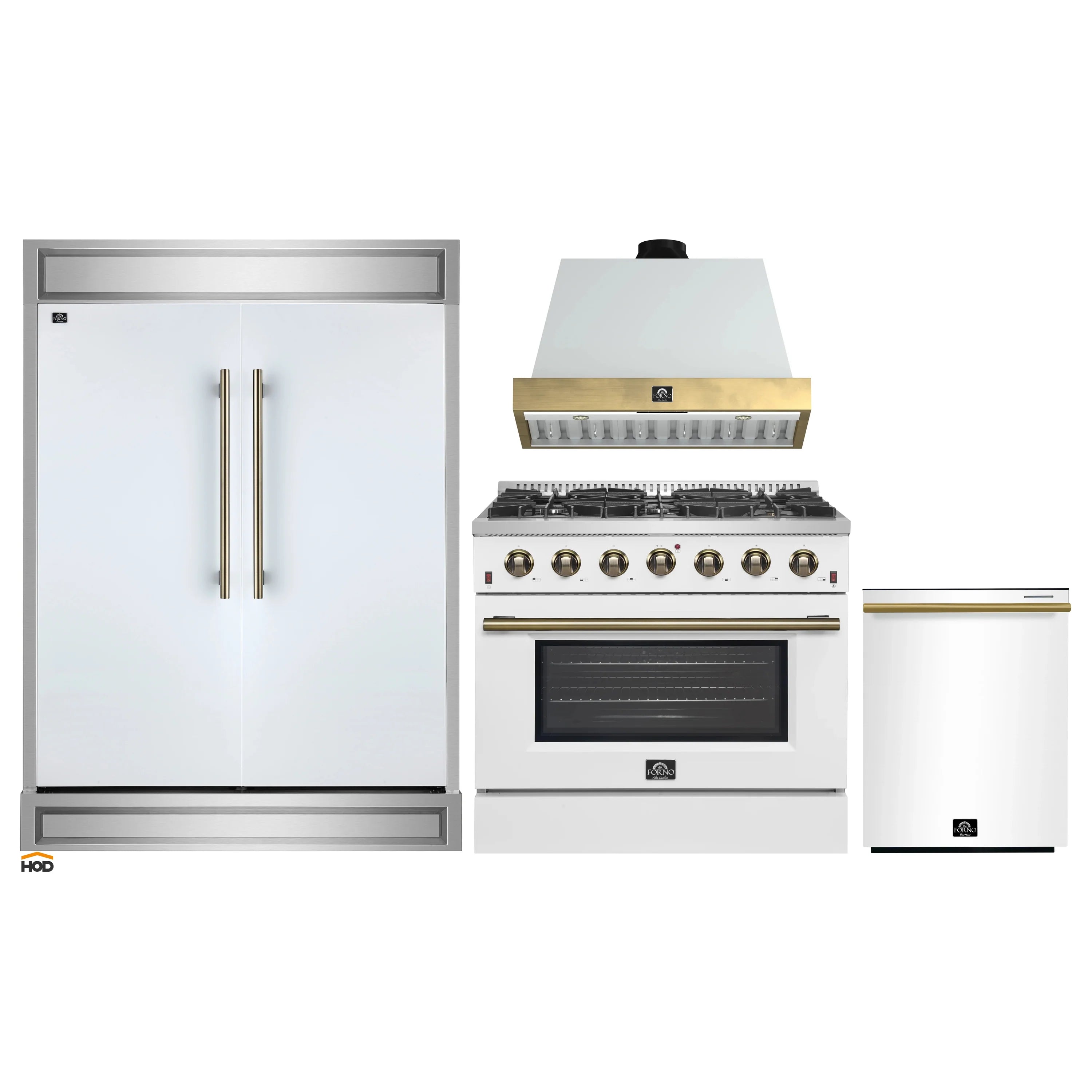 White kitchen appliance set with gas range, wall hood, refrigerator doors, and brass trim