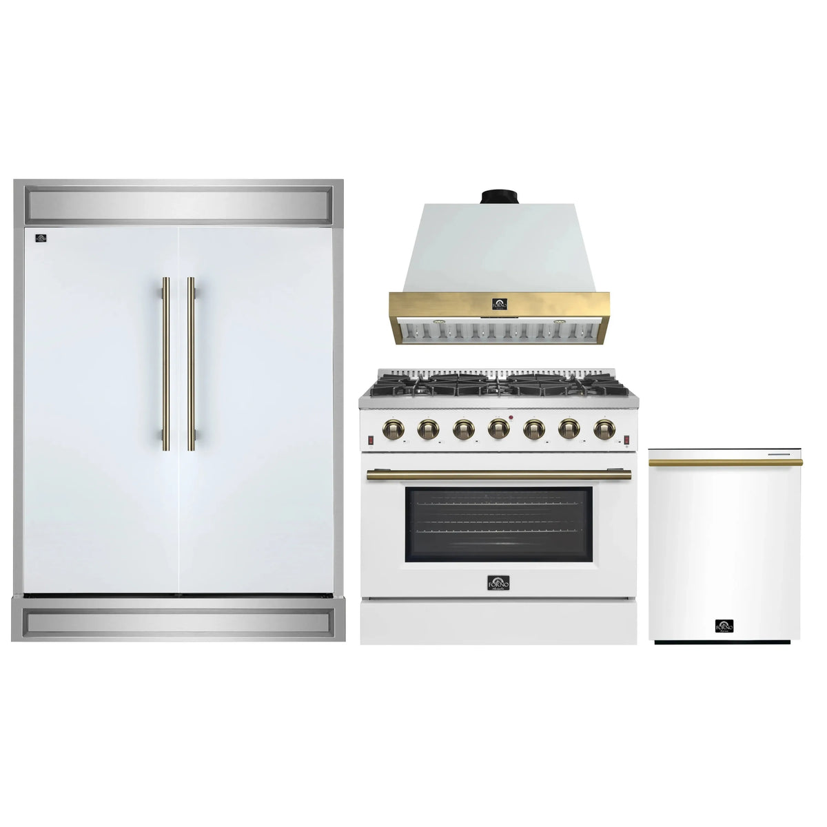 Forno 4-Piece Appliance Package - 36-Inch Gas Range, Wall Mount Range Hood, 60-Inch Refrigerator, Dishwasher in White with Antique Brass Trim