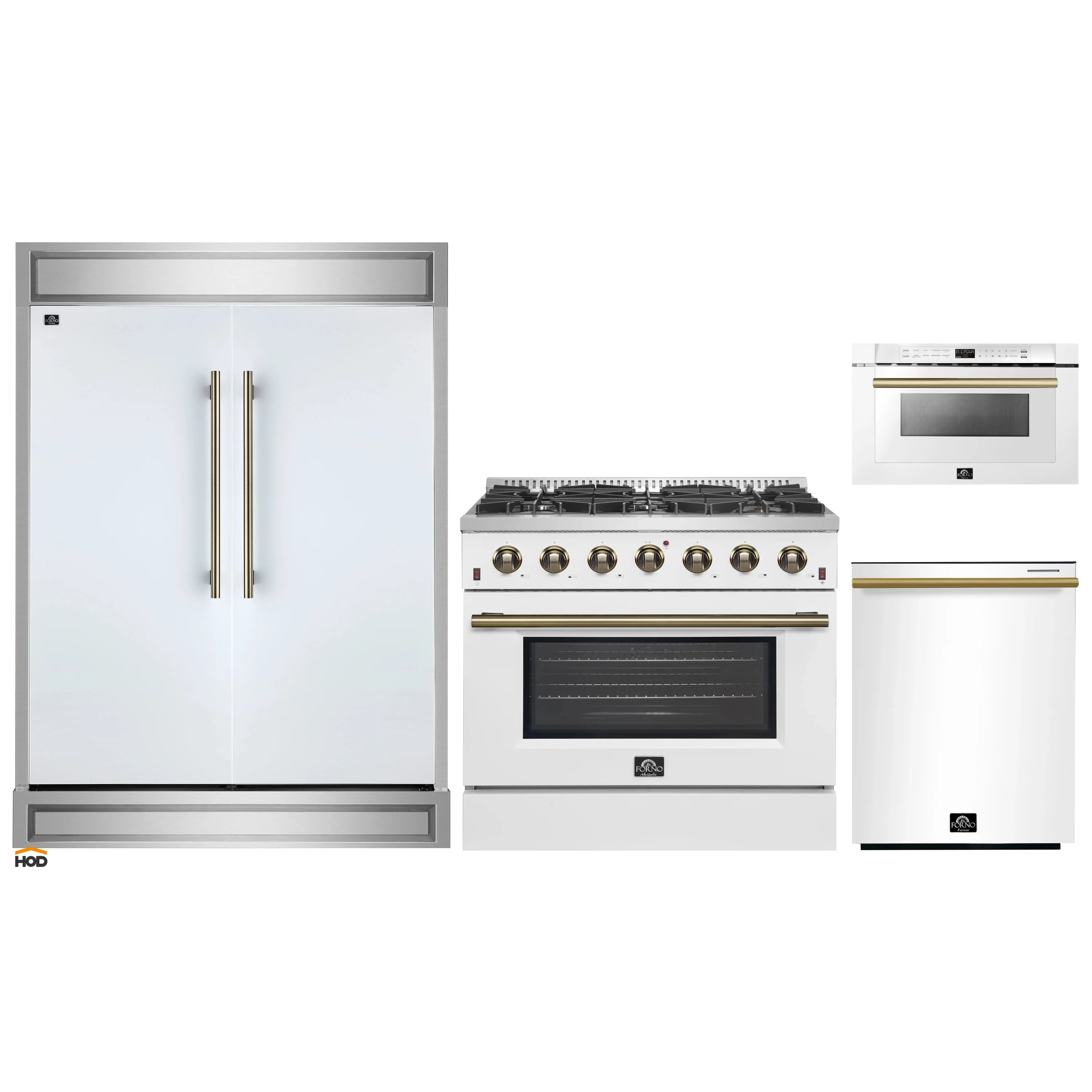 Kitchen appliance package: white refrigerator, gas range, and microwave drawer with brass handles