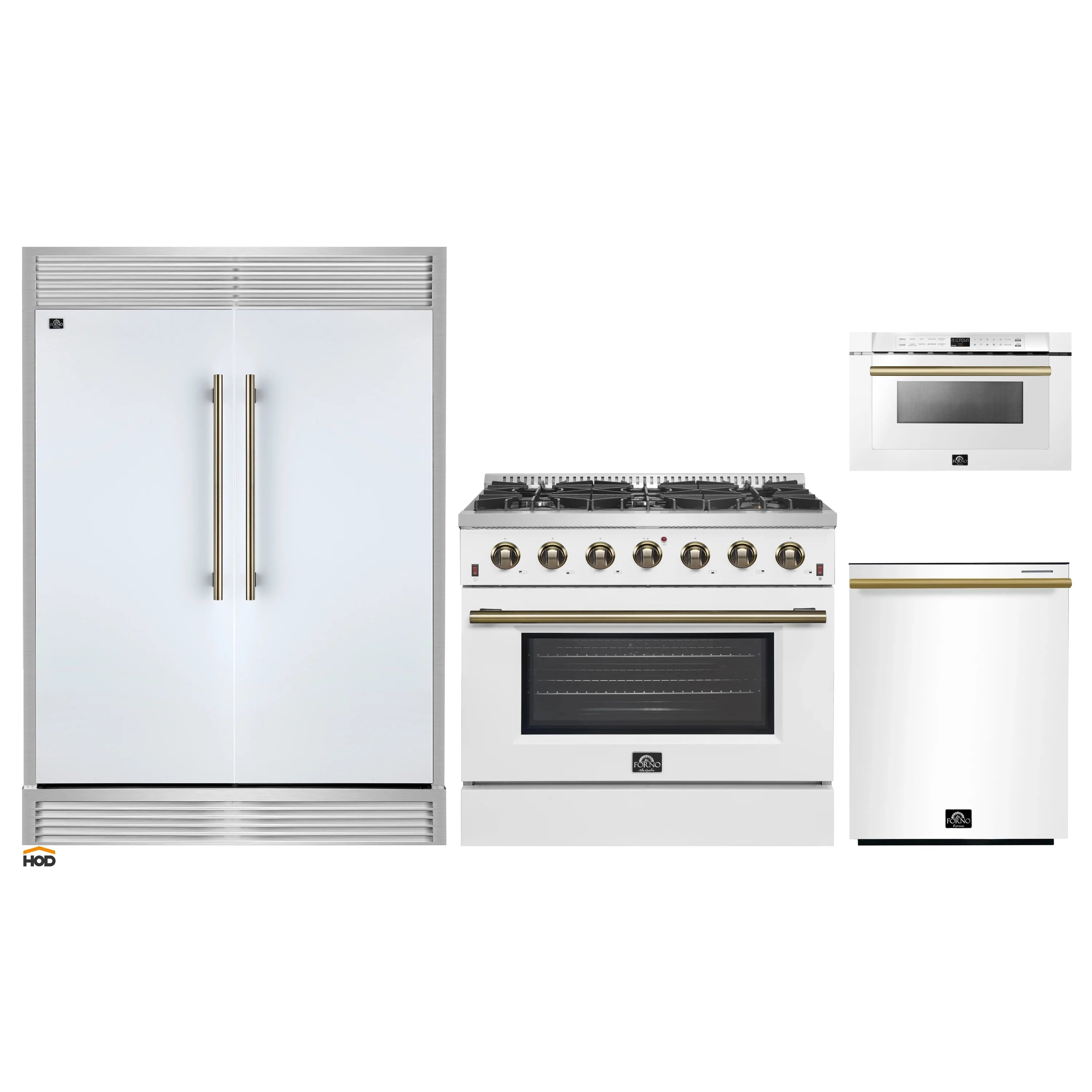 White appliance package showing refrigerator doors, gas range, and microwave drawer