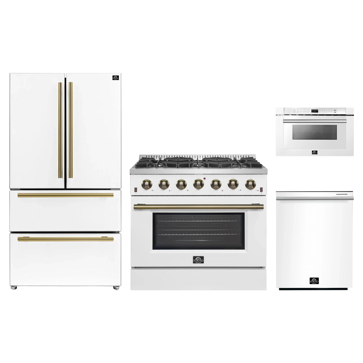 Forno 4-Piece Appliance Package - 36-Inch Gas Range, 36-Inch Refrigerator, 24-Inch Microwave Drawer, & Dishwasher in White with Antique Brass Trim